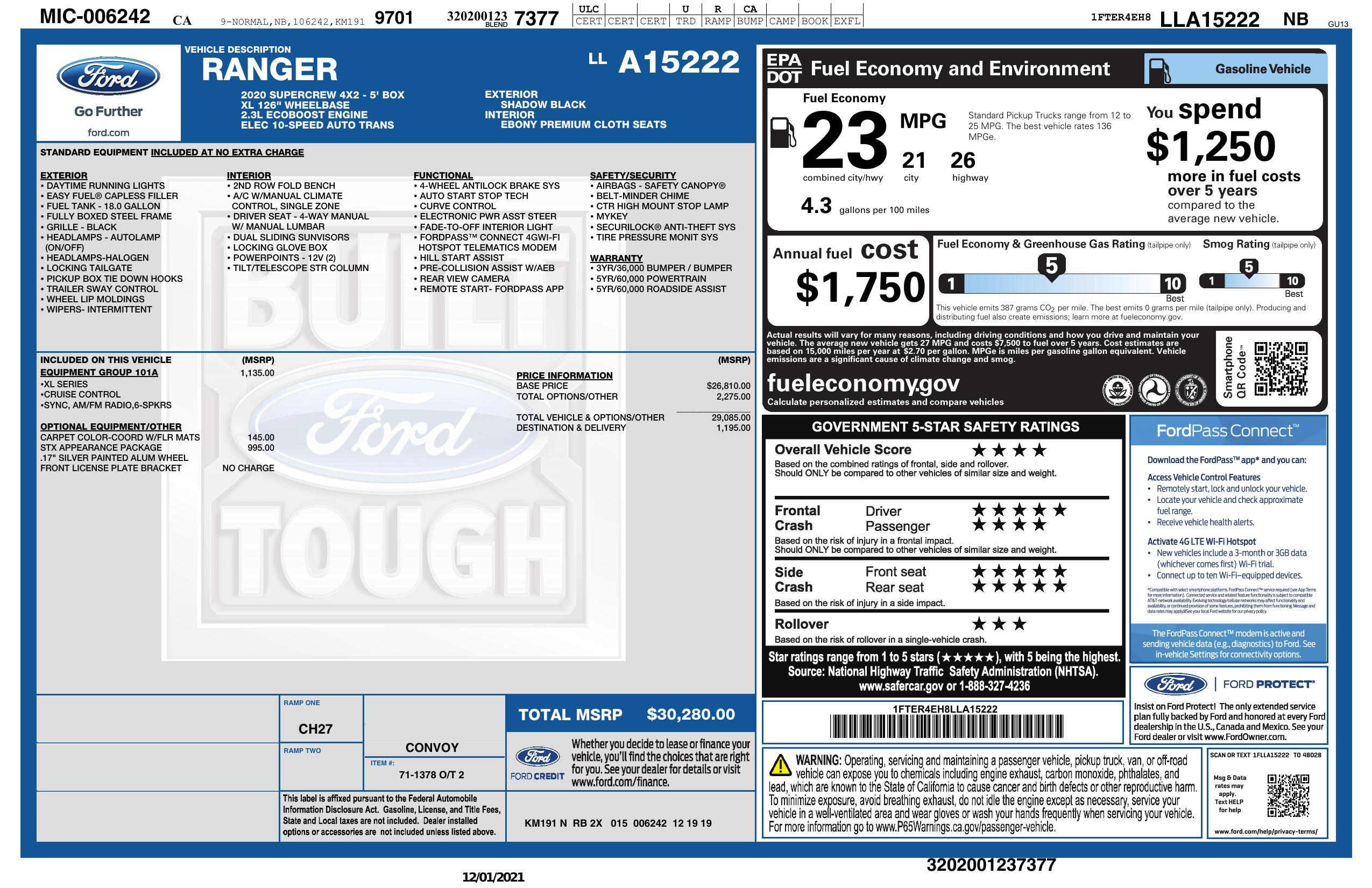 Window Sticker for 2020 Ford Ranger 2 Wd Super Crew 5' Box