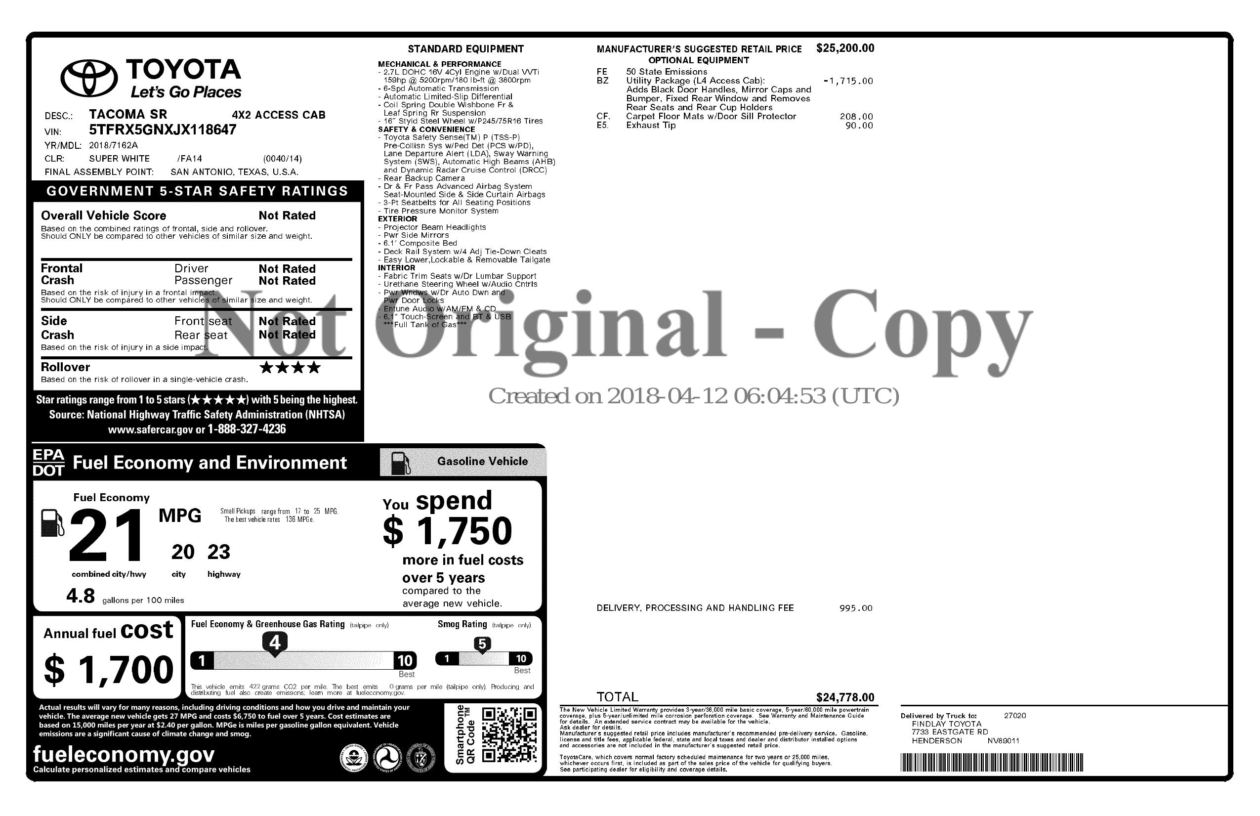 Window Sticker for 2018 Toyota Sr 4 X2 Access Cab
