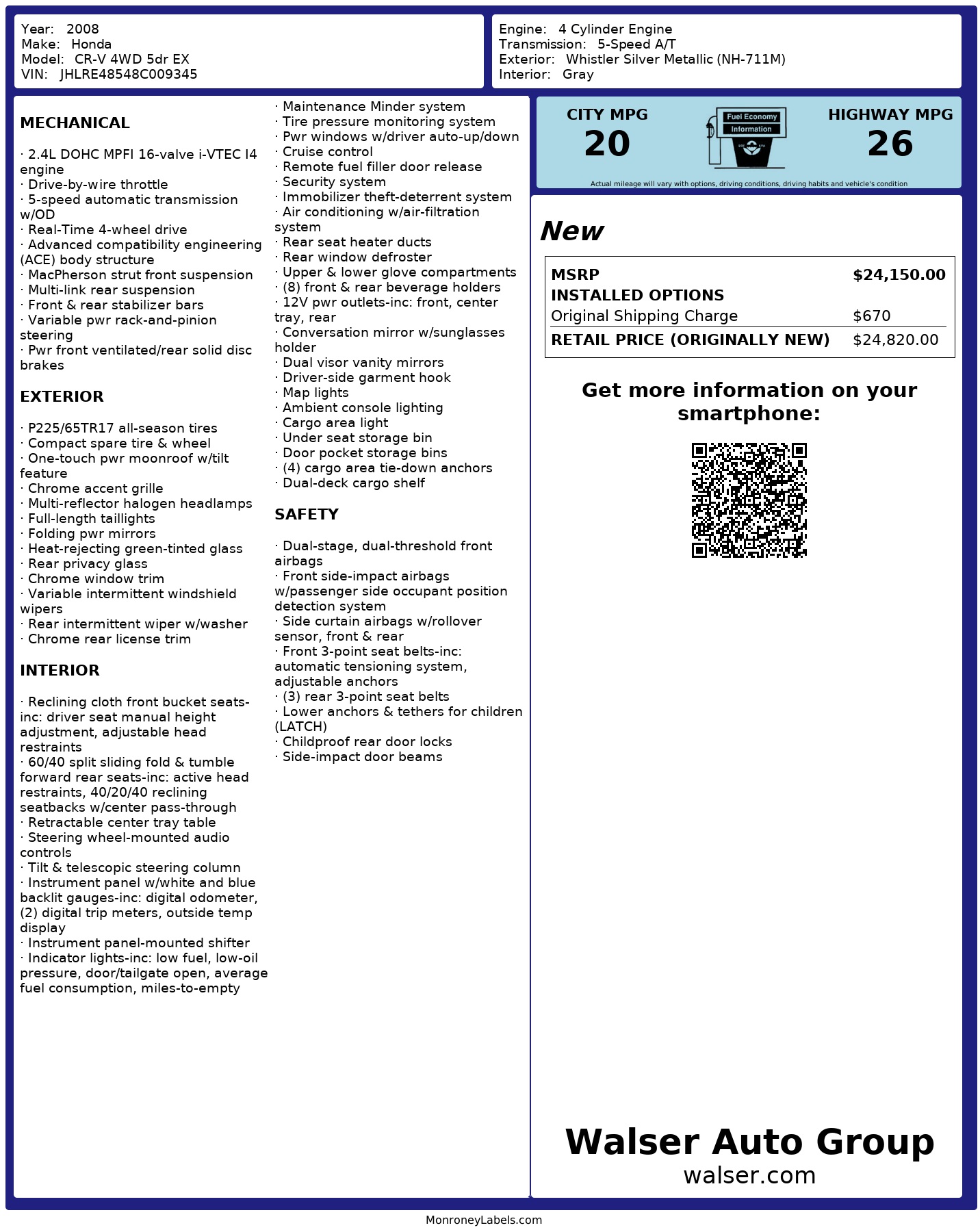 Window Sticker for 2008 Honda Cr V 4 Wd 5dr Ex