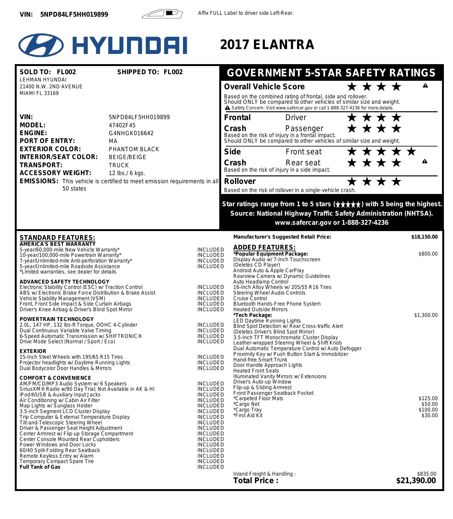 Original window sticker for 2017 HYUNDAI ELANTRA Se Technology Pkg