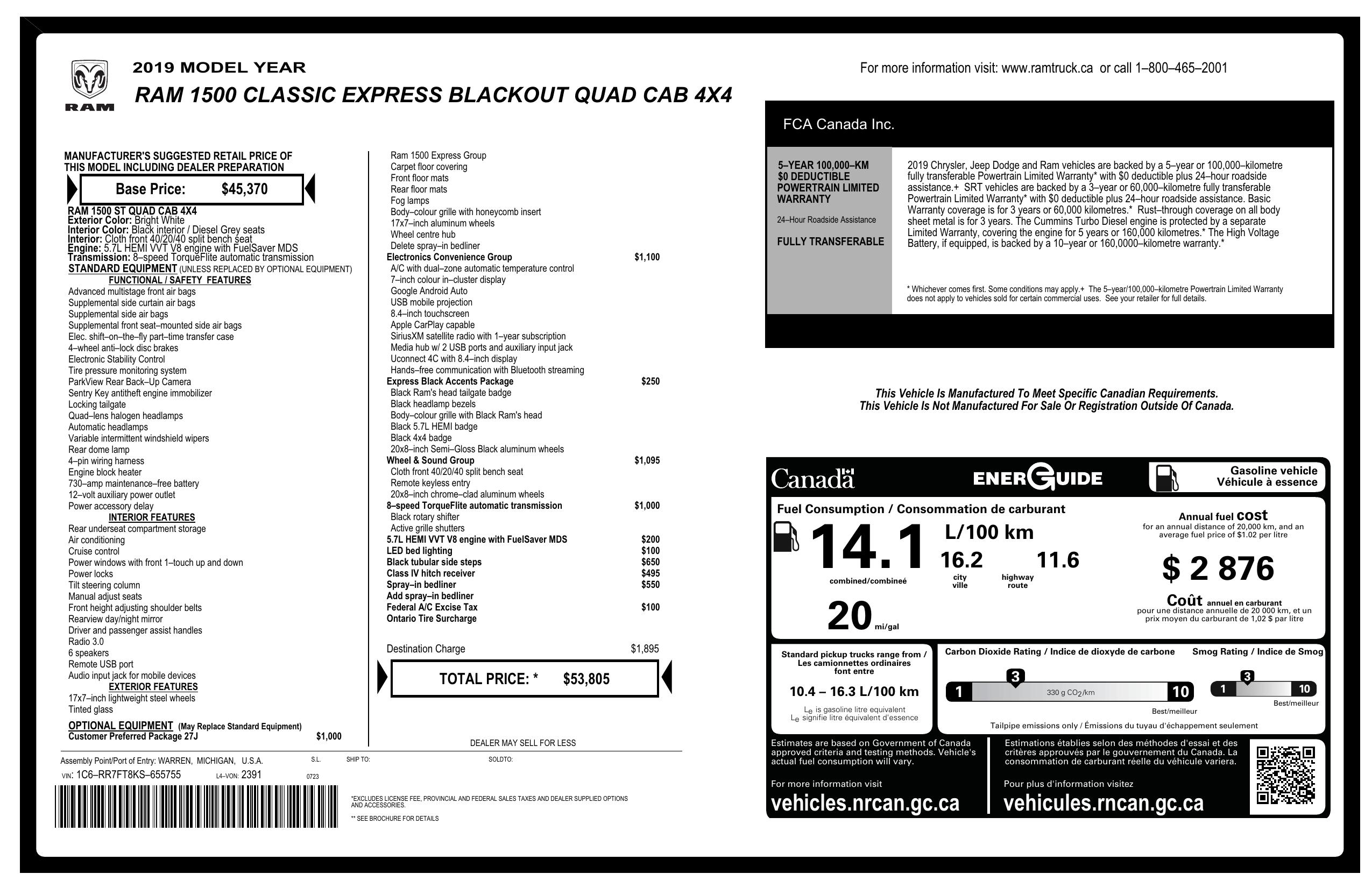 Window Sticker for 2019 Ram 1500 Classic 4x4 Quad Cab 6'4" Box