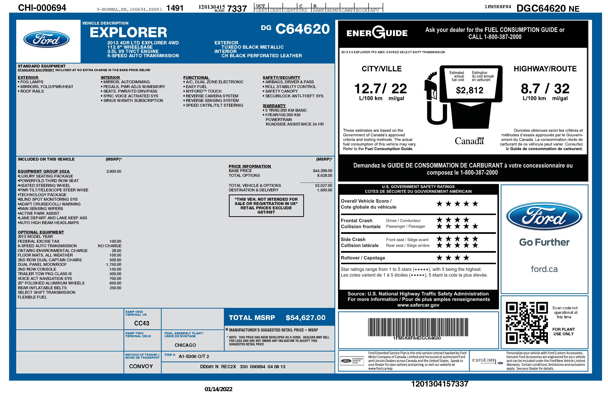 Window Sticker for 2013 Ford Explorer Limited