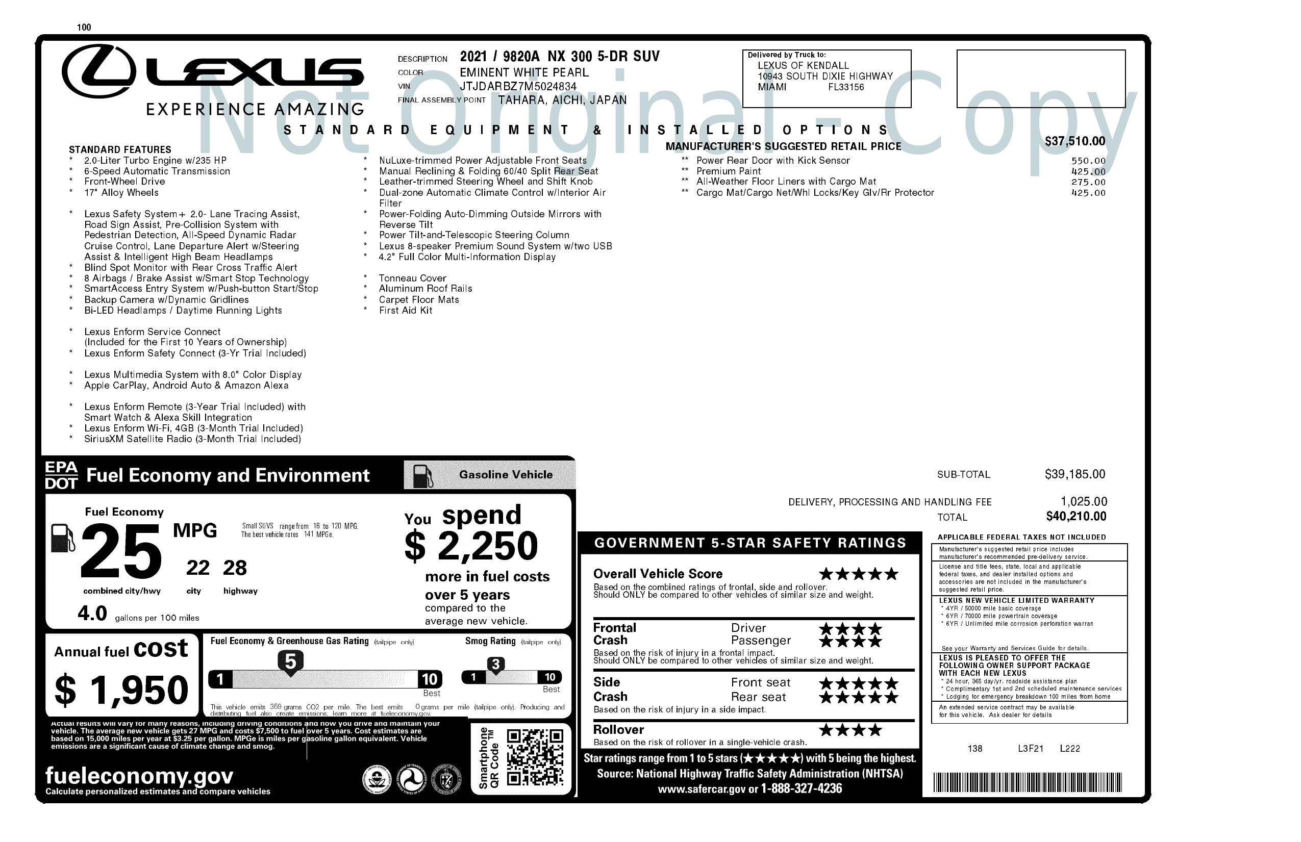 Window Sticker For 2021 Lexus Nx Nx 300 Fwd window-sticker-for-2021-lexus-nx-nx-300-fwd