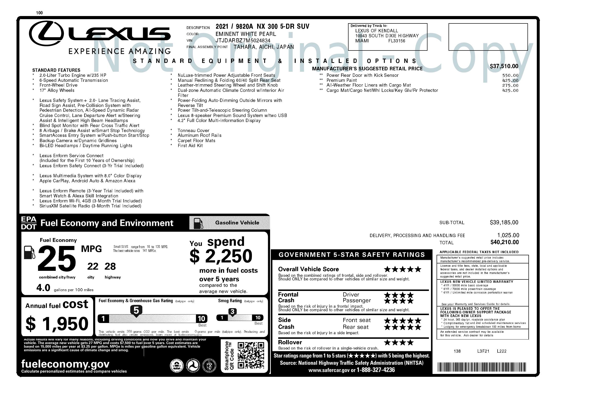 Window Sticker for 2021 Lexus Nx Nx 300 Fwd