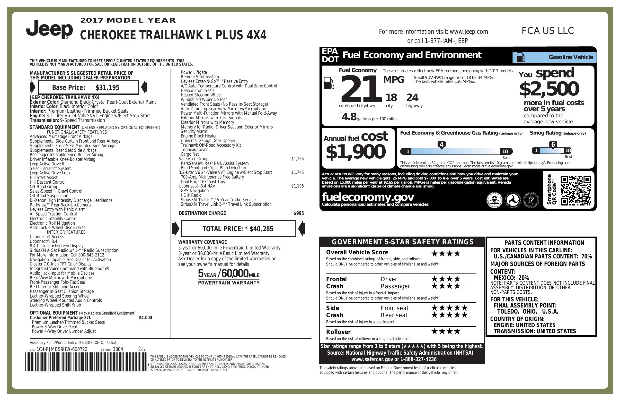 Window Sticker For 2017 Jeep Cherokee Trailhawk L Plus 4x4