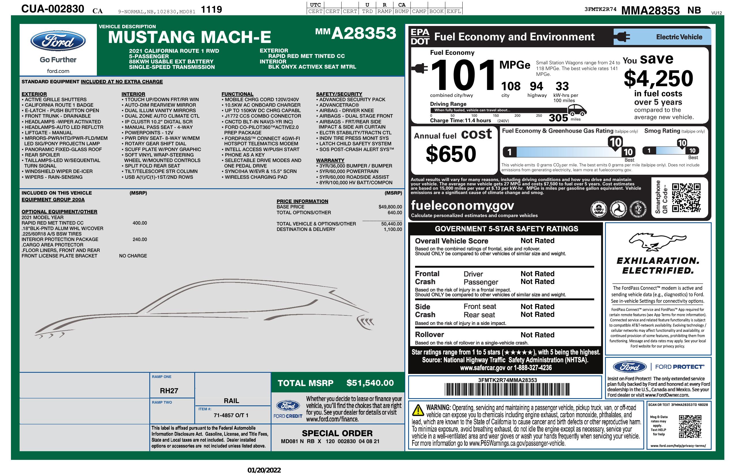 Window Sticker for 2021 Ford Mustang Mach E California Route 1 Rwd