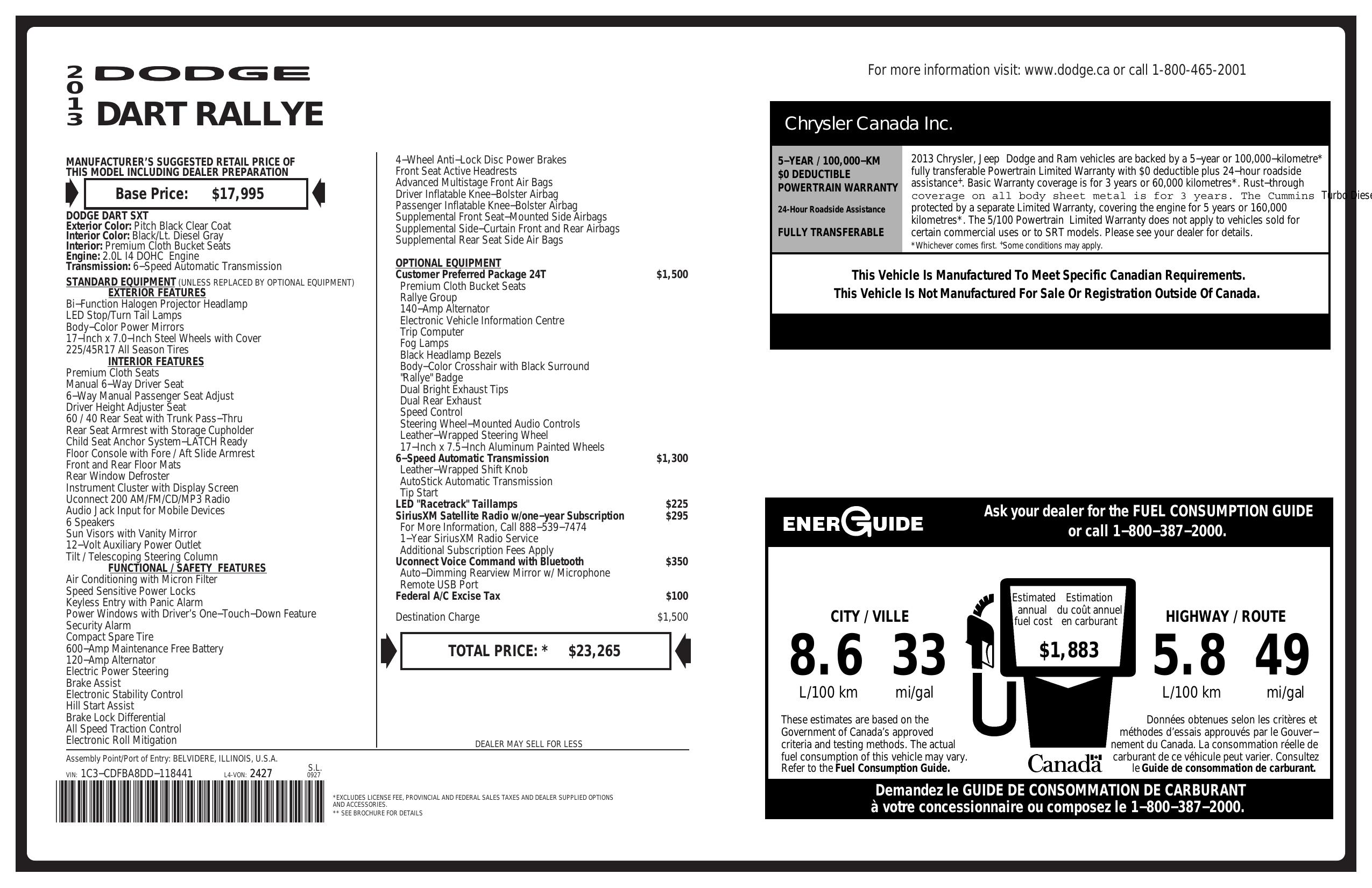 Window Sticker for 2013 Dodge Dart 4dr Sdn