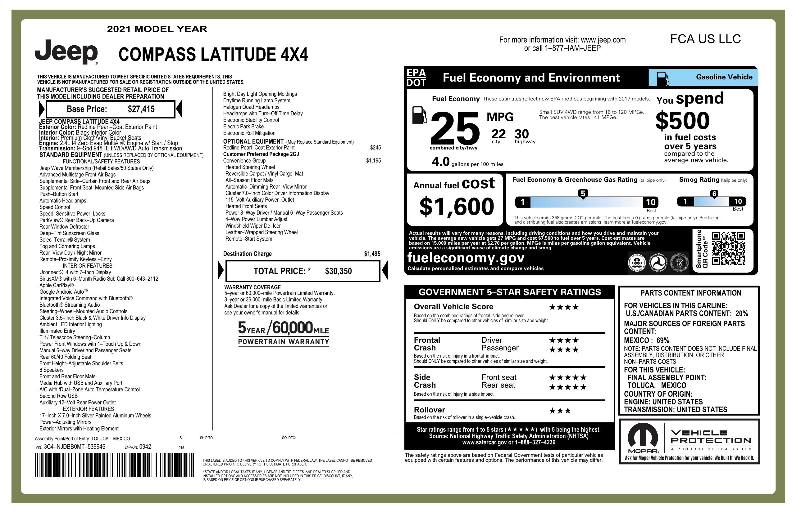 Window Sticker for 2021 Jeep Compass Latitude 4x4