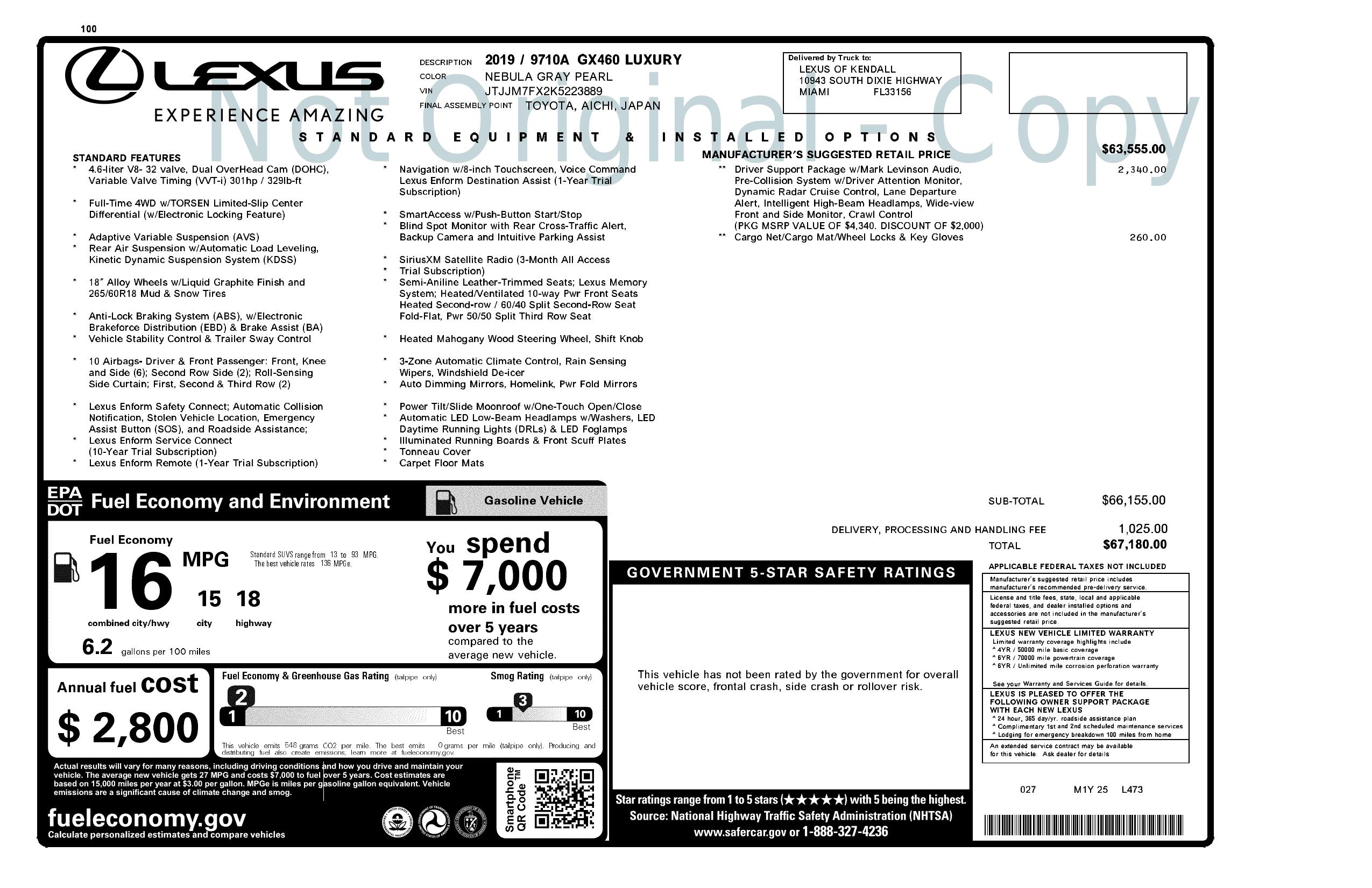 Window sticker for 2019 lexus gx gx 460 luxury 4 wd