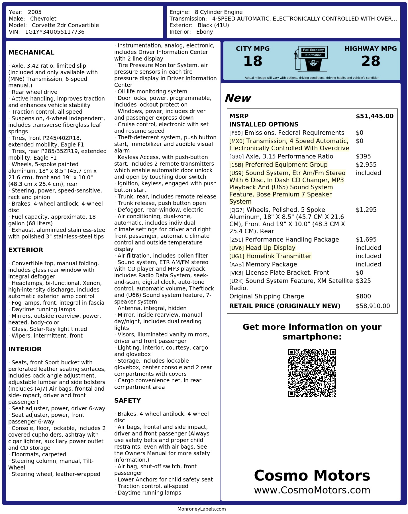 Window Sticker for 2005 Chevrolet Corvette 2dr Convertible