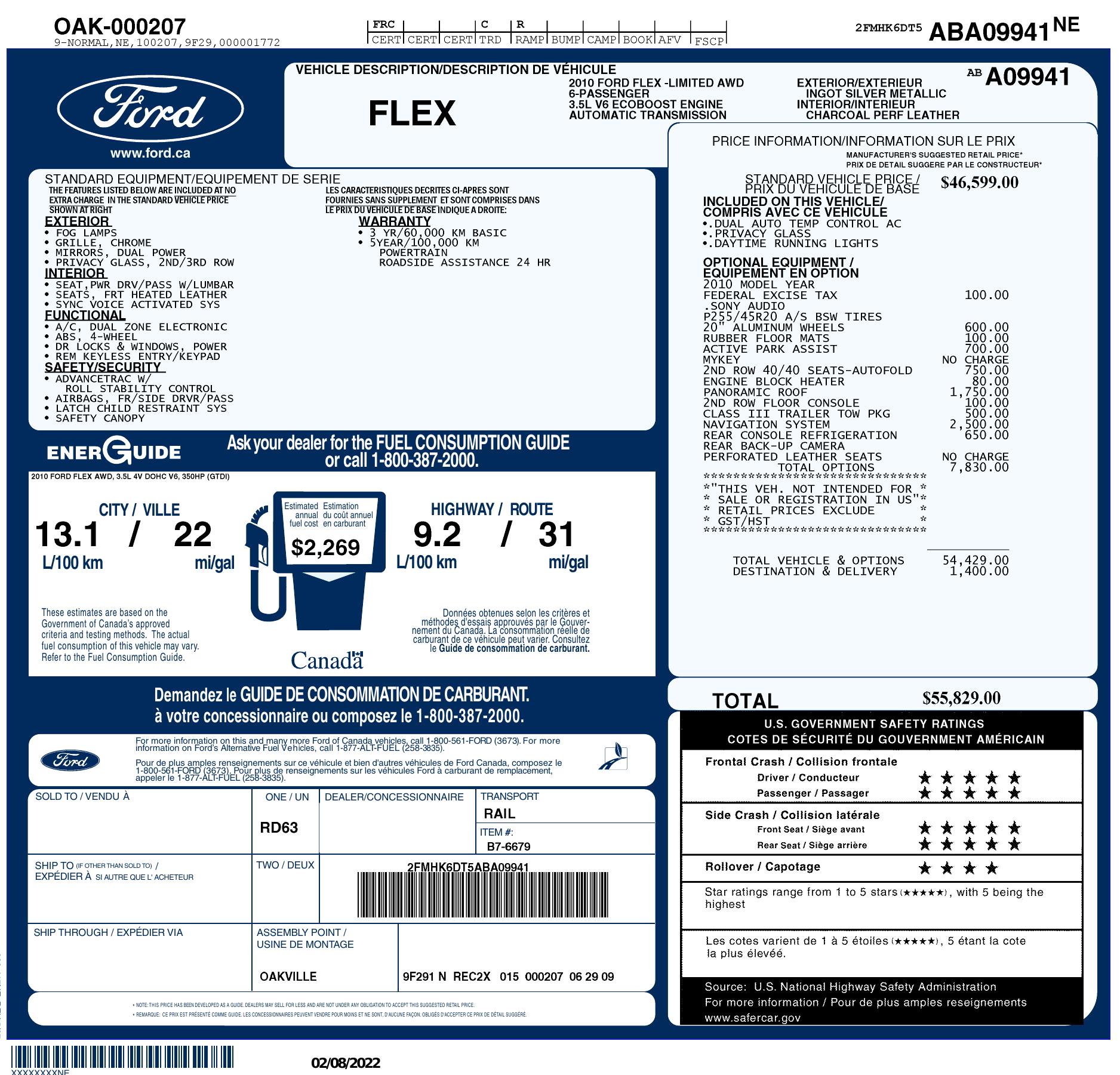 Window Sticker for 2010 Ford Flex 4dr Limited Awd W/Ecoboost