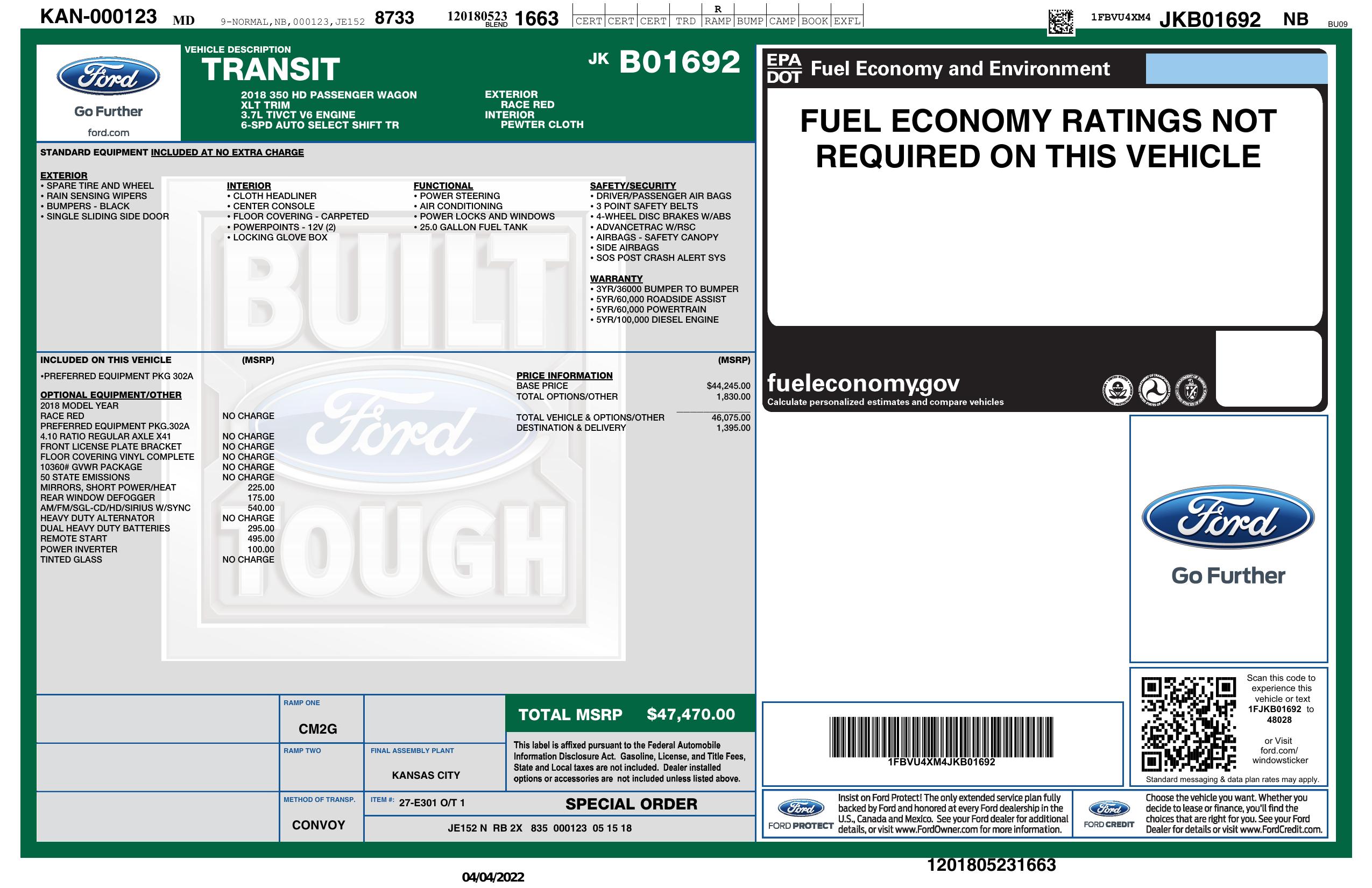 Window Sticker for 2018 Ford Transit Passenger Wagon T 350 148" El High