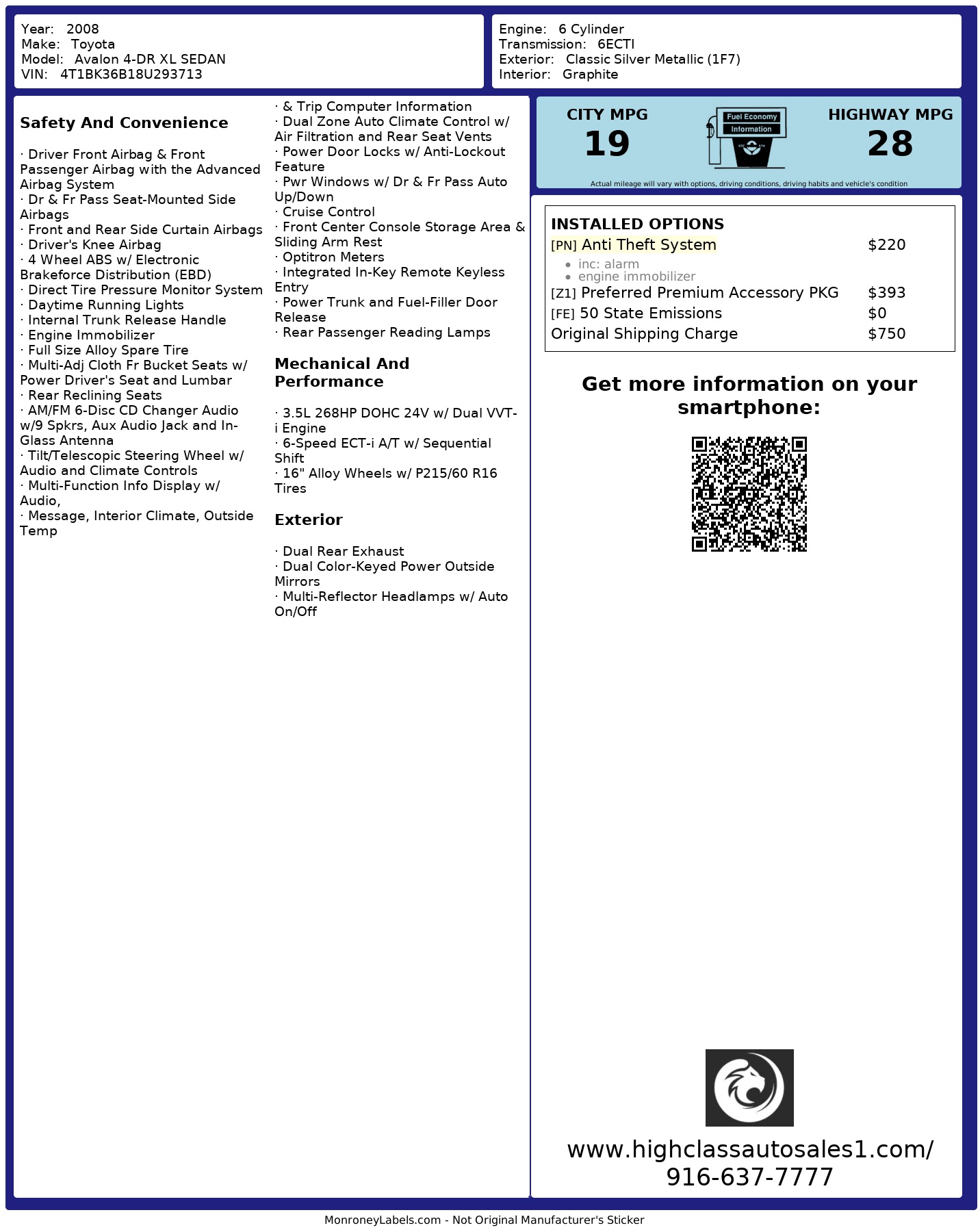 Window Sticker for 2008 Toyota Avalon 4 Dr Xl Sedan