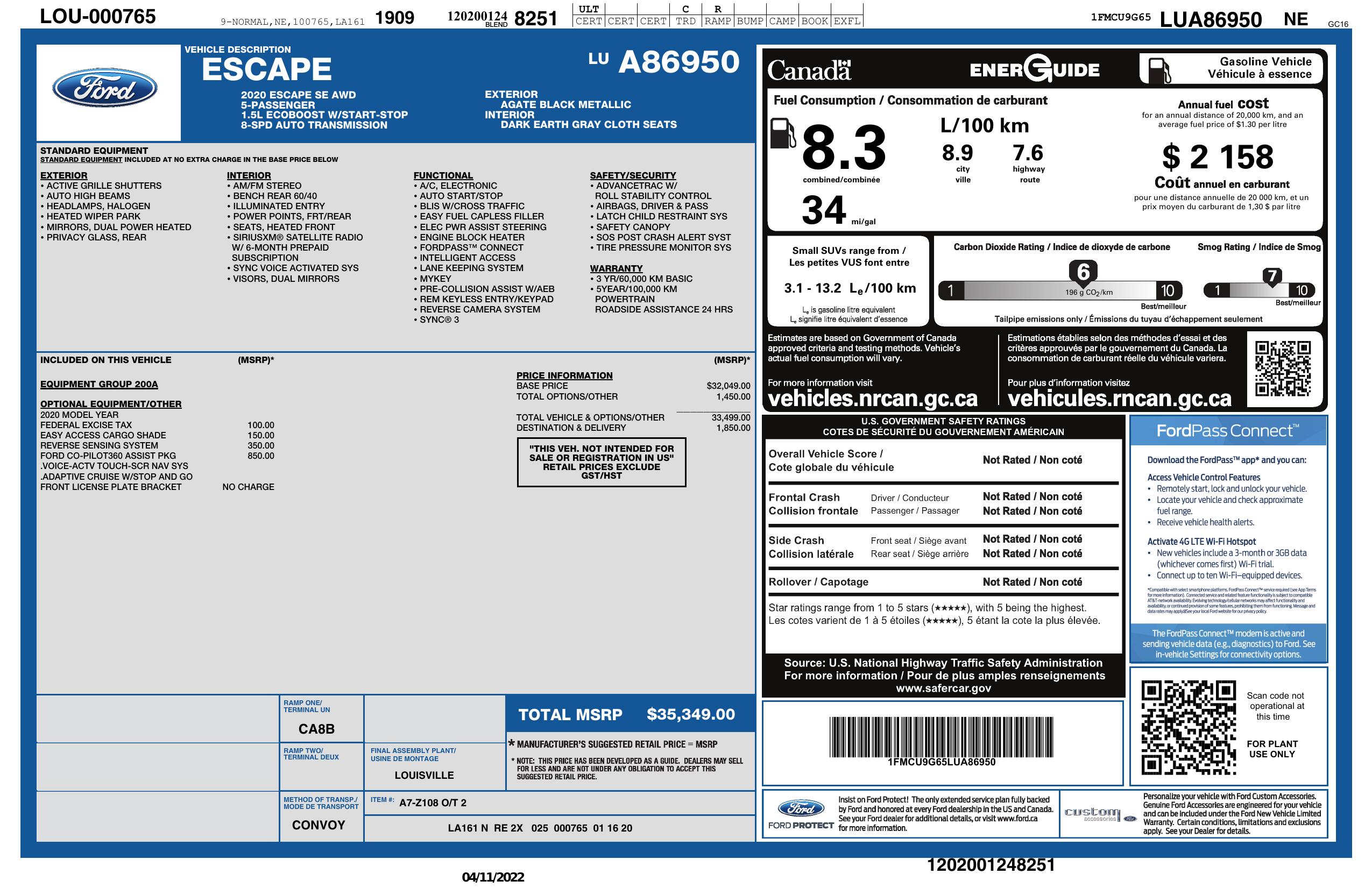 Window Sticker for 2020 Ford Escape Se Awd