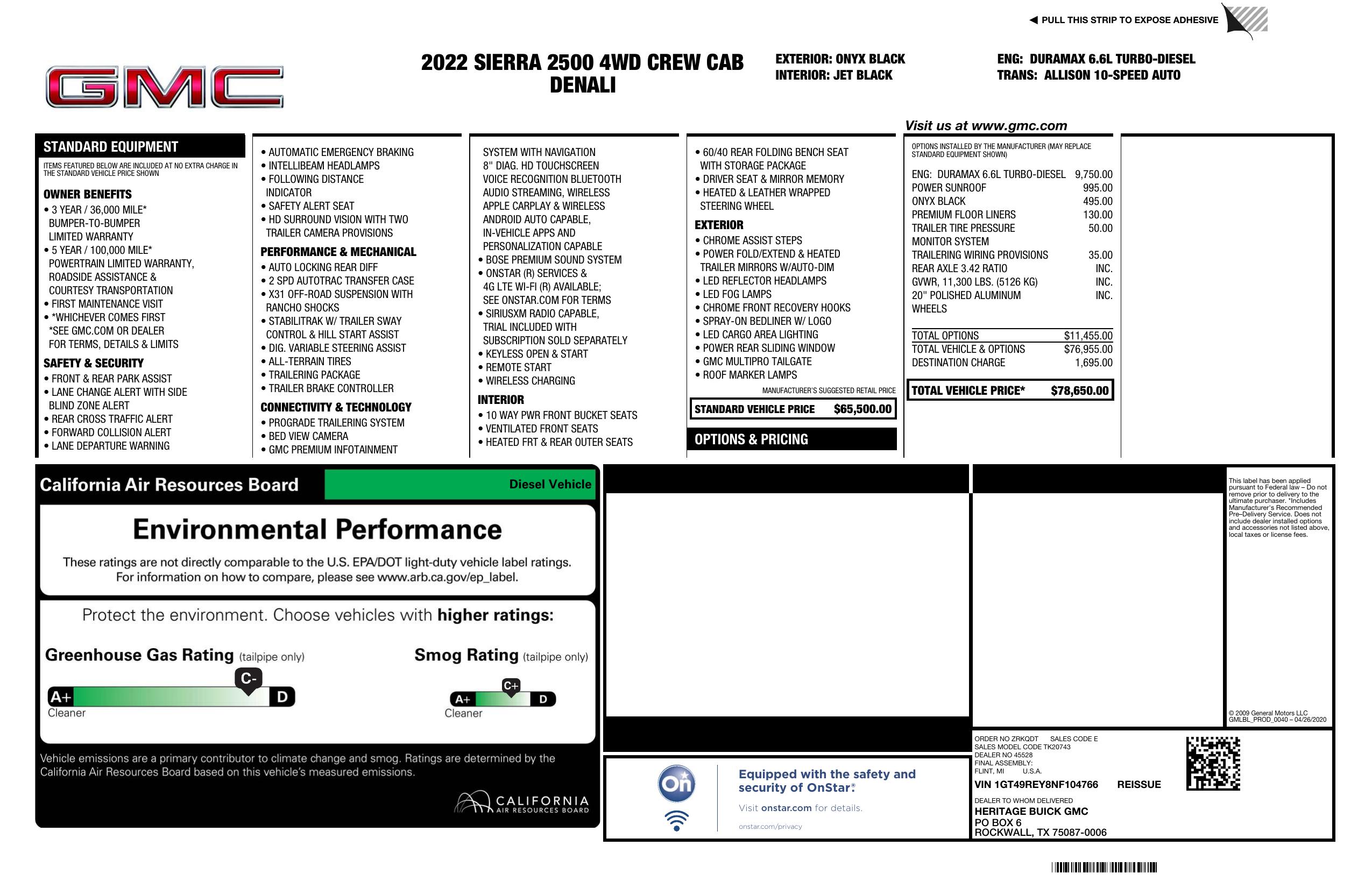 Window Sticker for 2022 GMC Sierra 2500 Hd 4 Wd Crew Cab 159" Denali