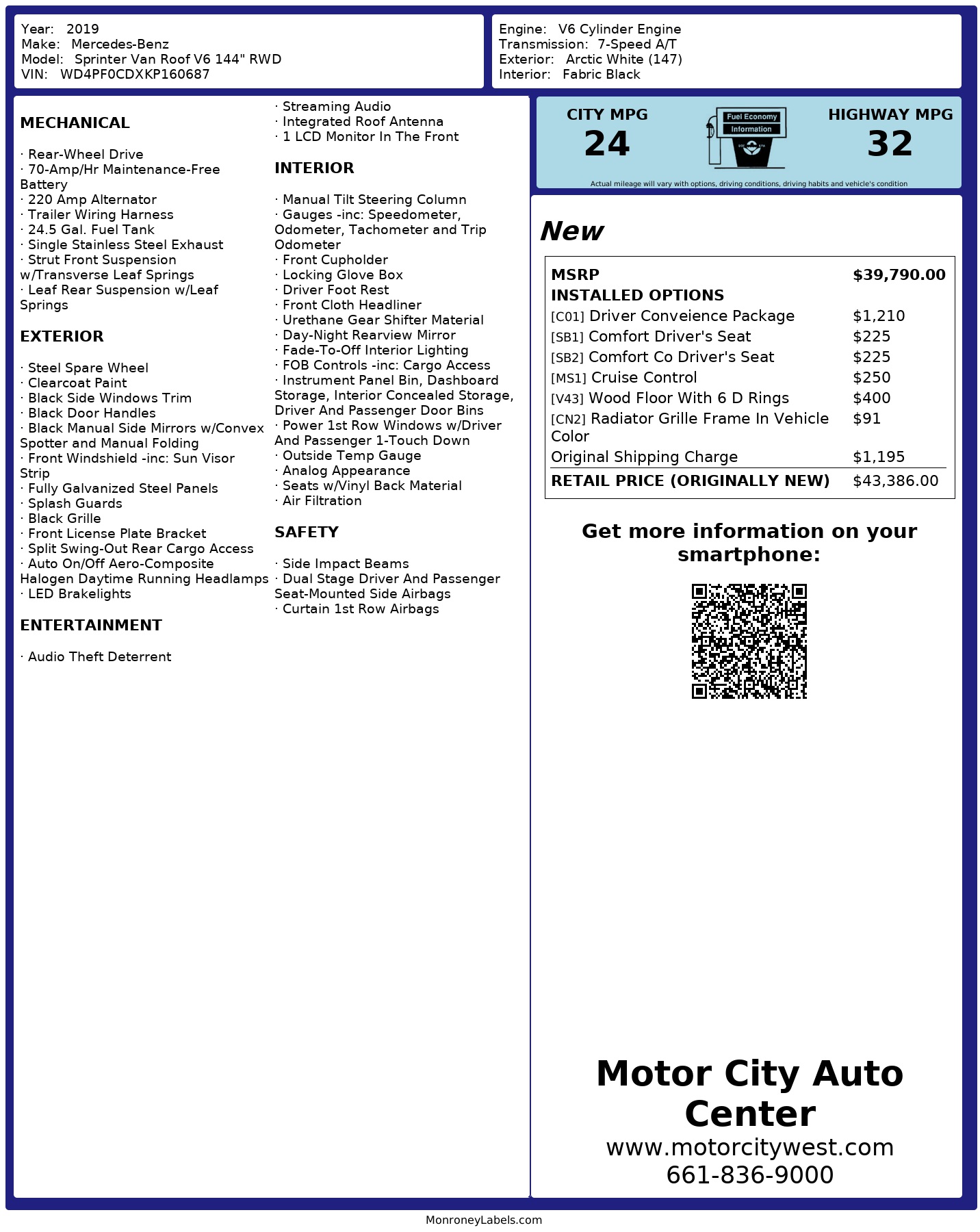 Window Sticker for 2019 Mercedes Benz Sprinter Van Roof V6 144