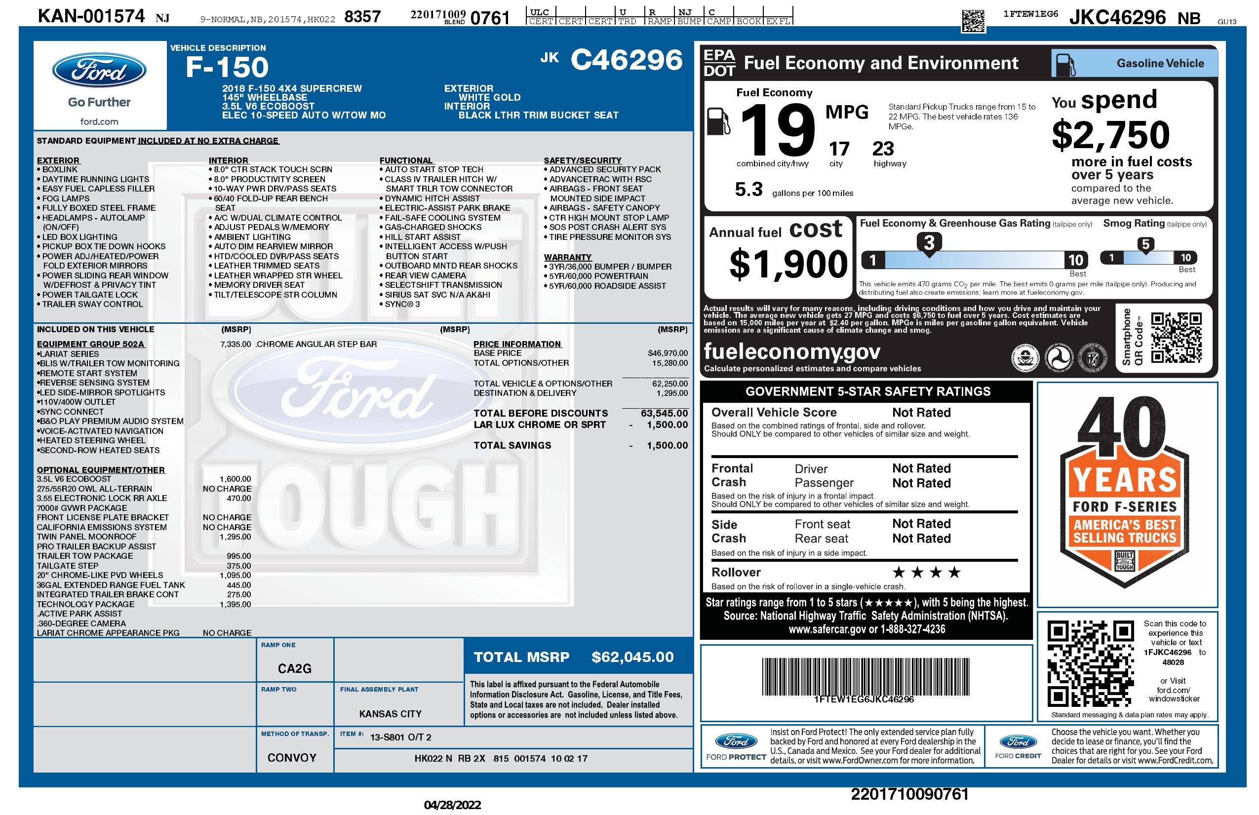 Original window sticker for 2018 FORD F-150 LARIAT
