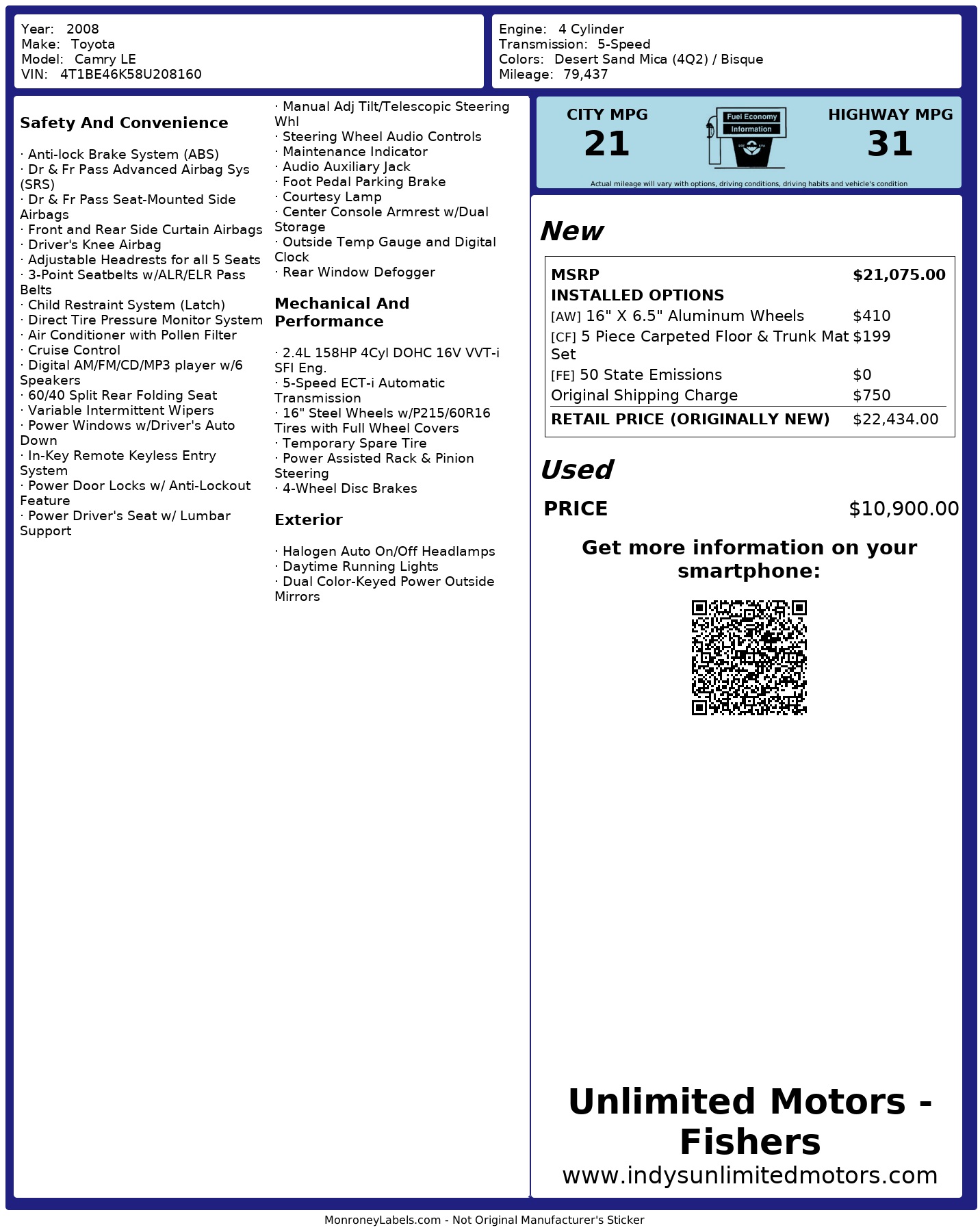 Window Sticker for 2008 Toyota Camry Le