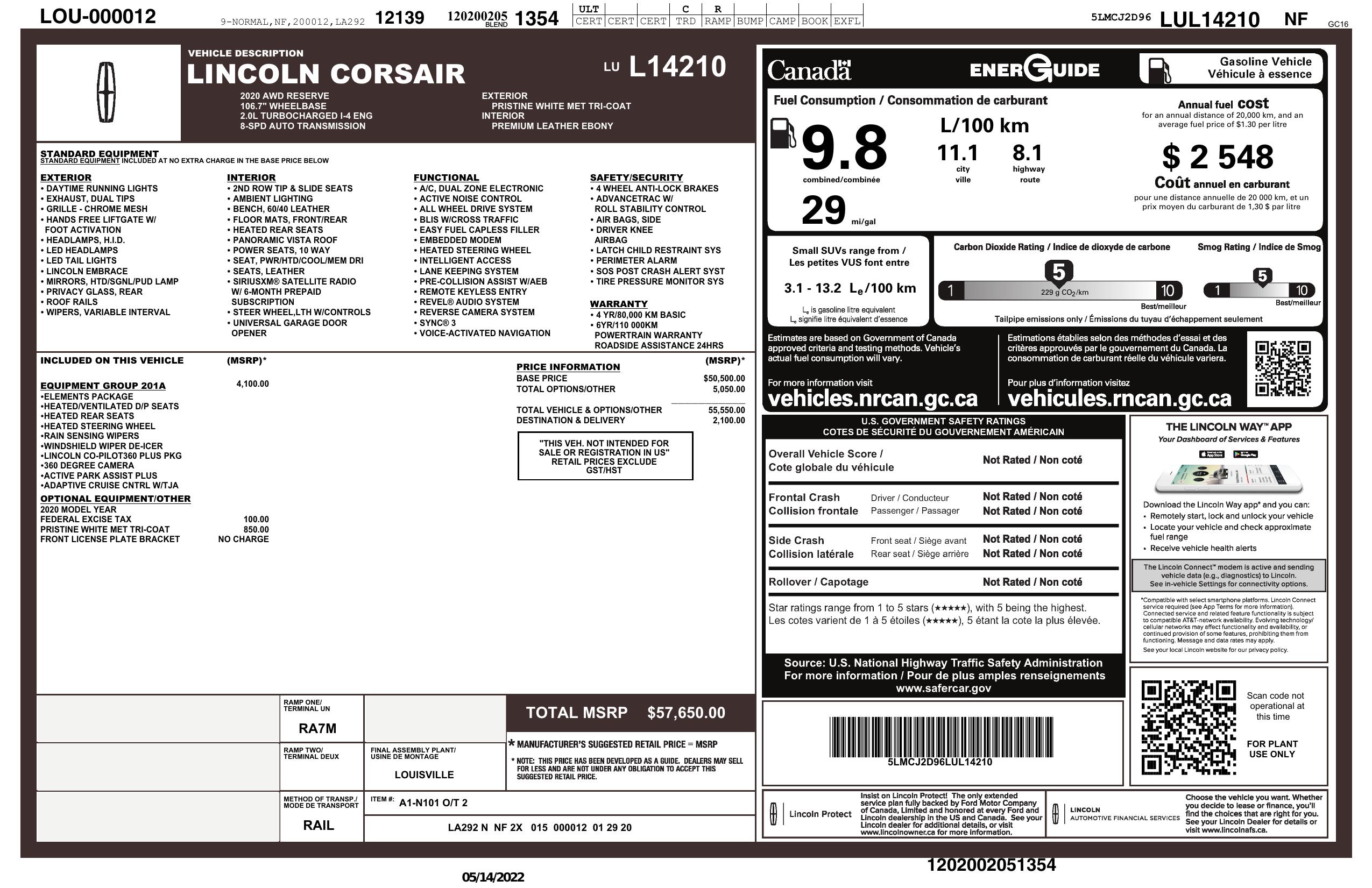 Window Sticker for 2020 Lincoln Corsair Reserve Awd