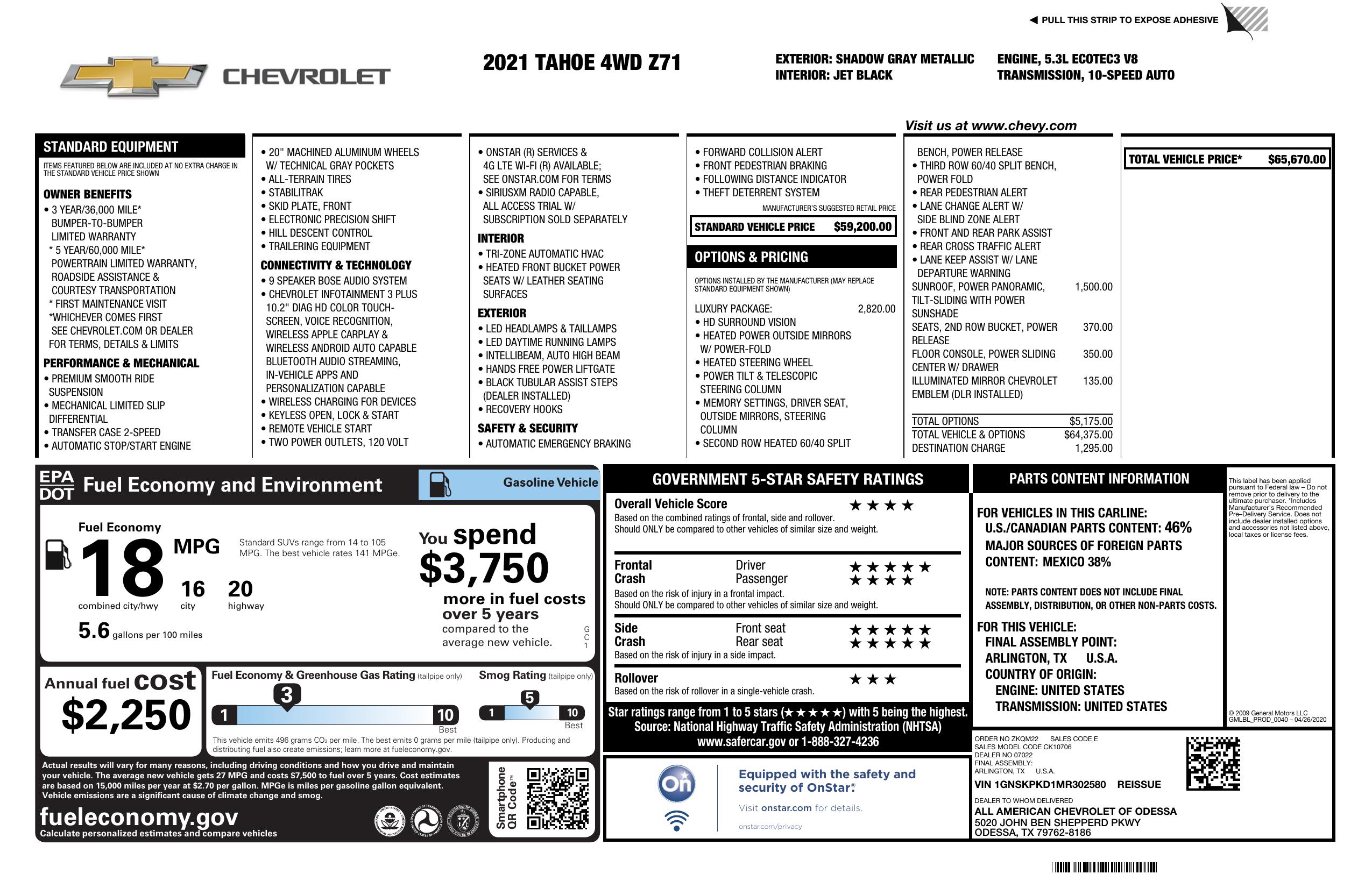 Window Sticker For 2021 Chevrolet Tahoe 4 Wd 4dr Z71   Window Sticker 