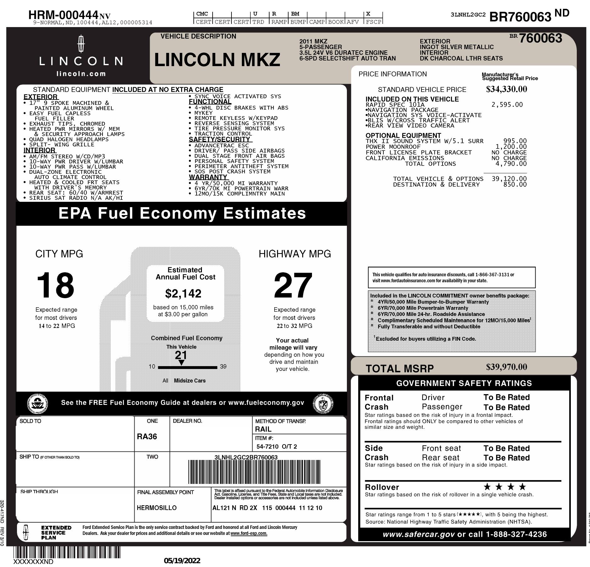 Window Sticker for 2011 Lincoln Mkz 4dr Sdn Fwd
