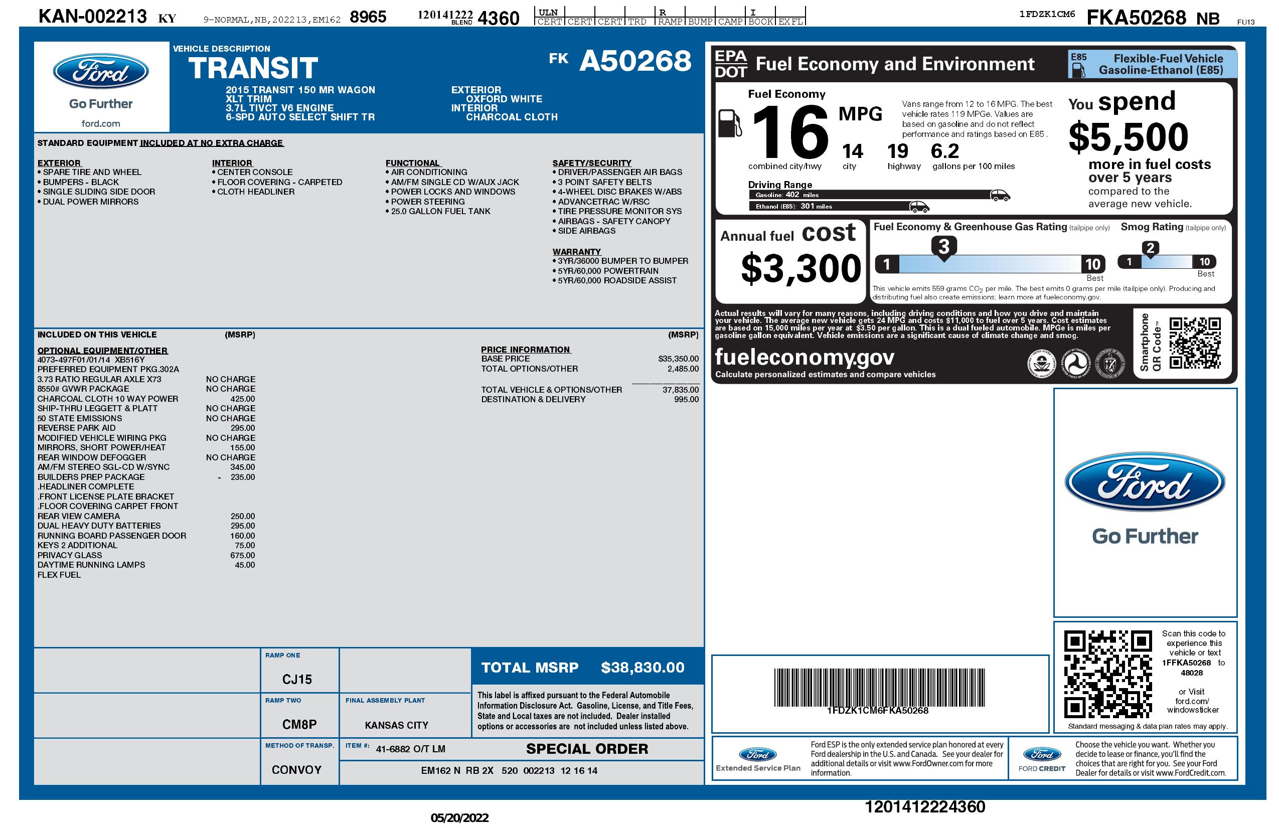 Window Sticker For 2015 Ford Transit Wagon T 150 130