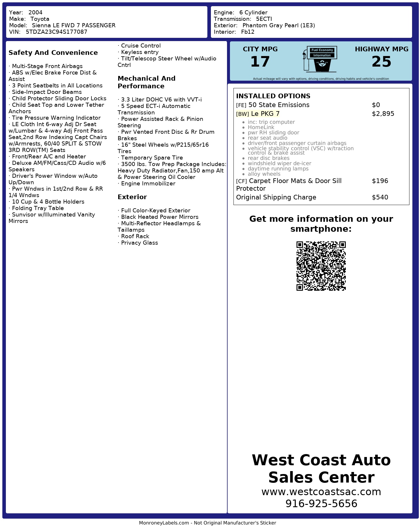 Window Sticker for 2004 Toyota Sienna Le Fwd 7 Passenger