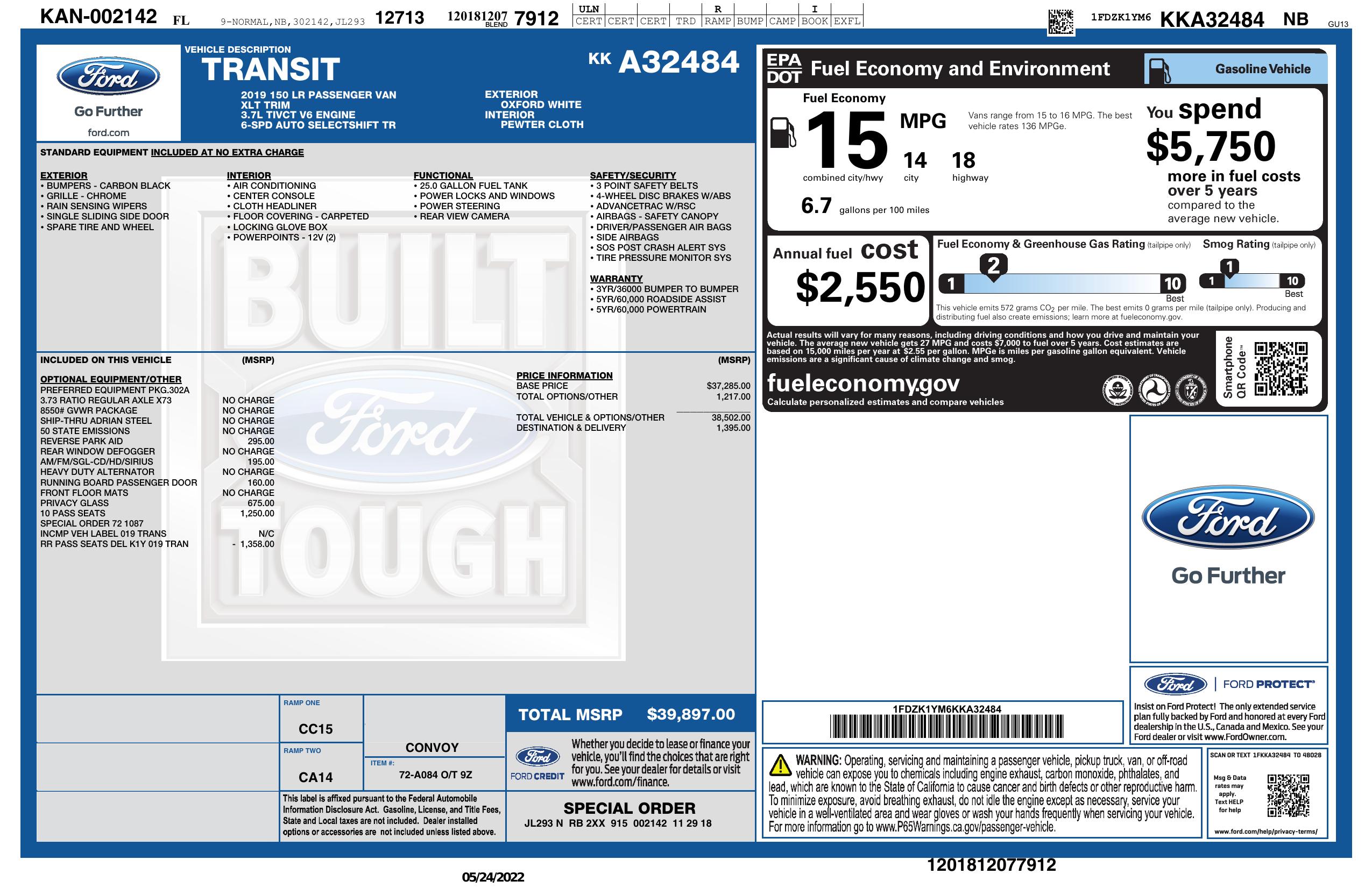Window Sticker for 2019 Ford Transit Passenger Wagon T 150 130" Low