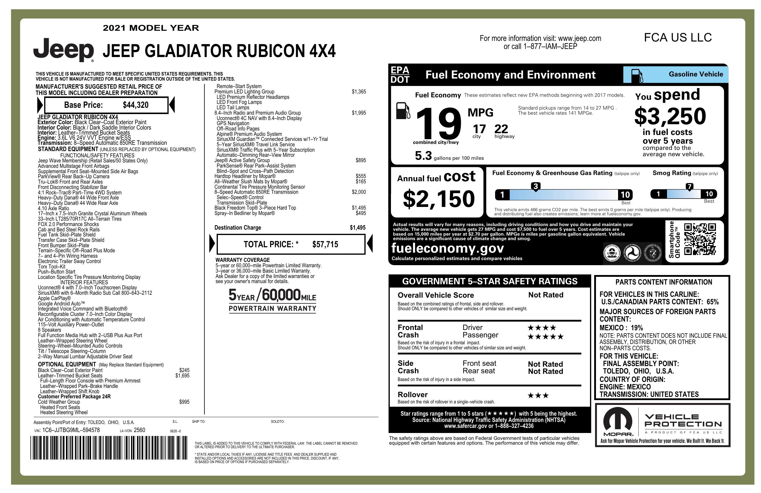 Window Sticker for 2021 Jeep Gladiator Rubicon 4x4