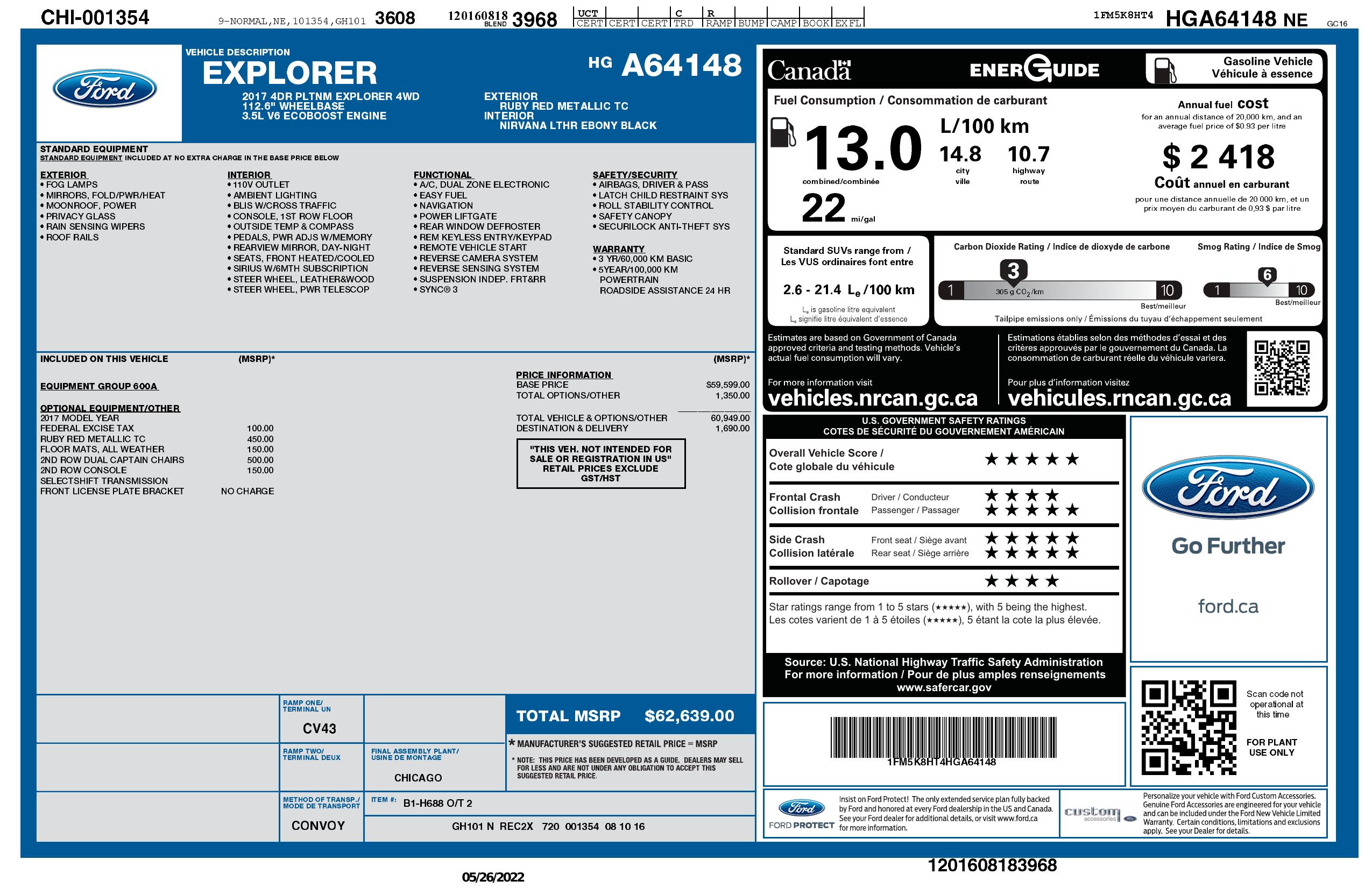 Window Sticker for 2017 Ford Explorer Platinum 4 Wd