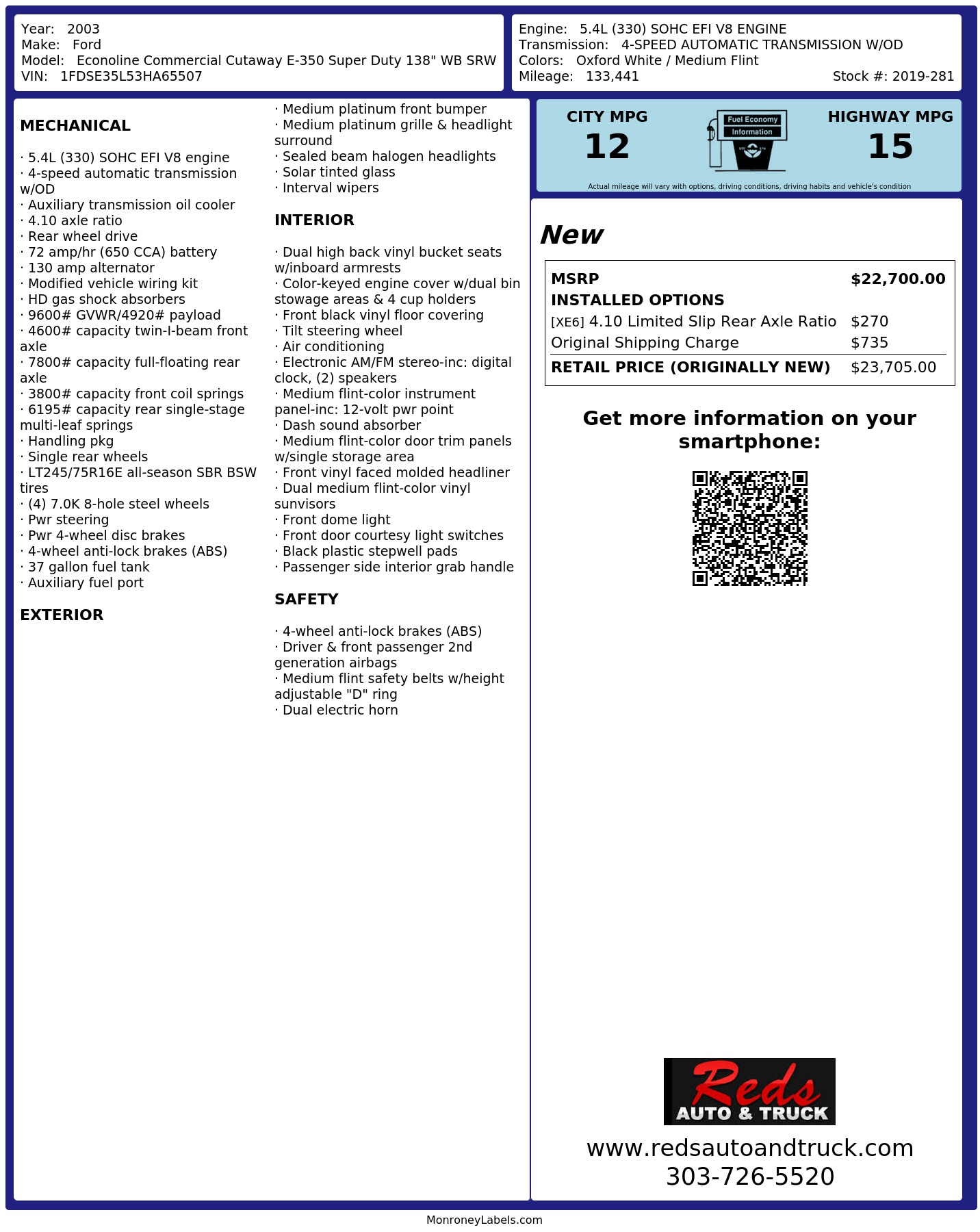 Window Sticker for 2003 Ford Econoline Commercial Cutaway E 350 Super ...