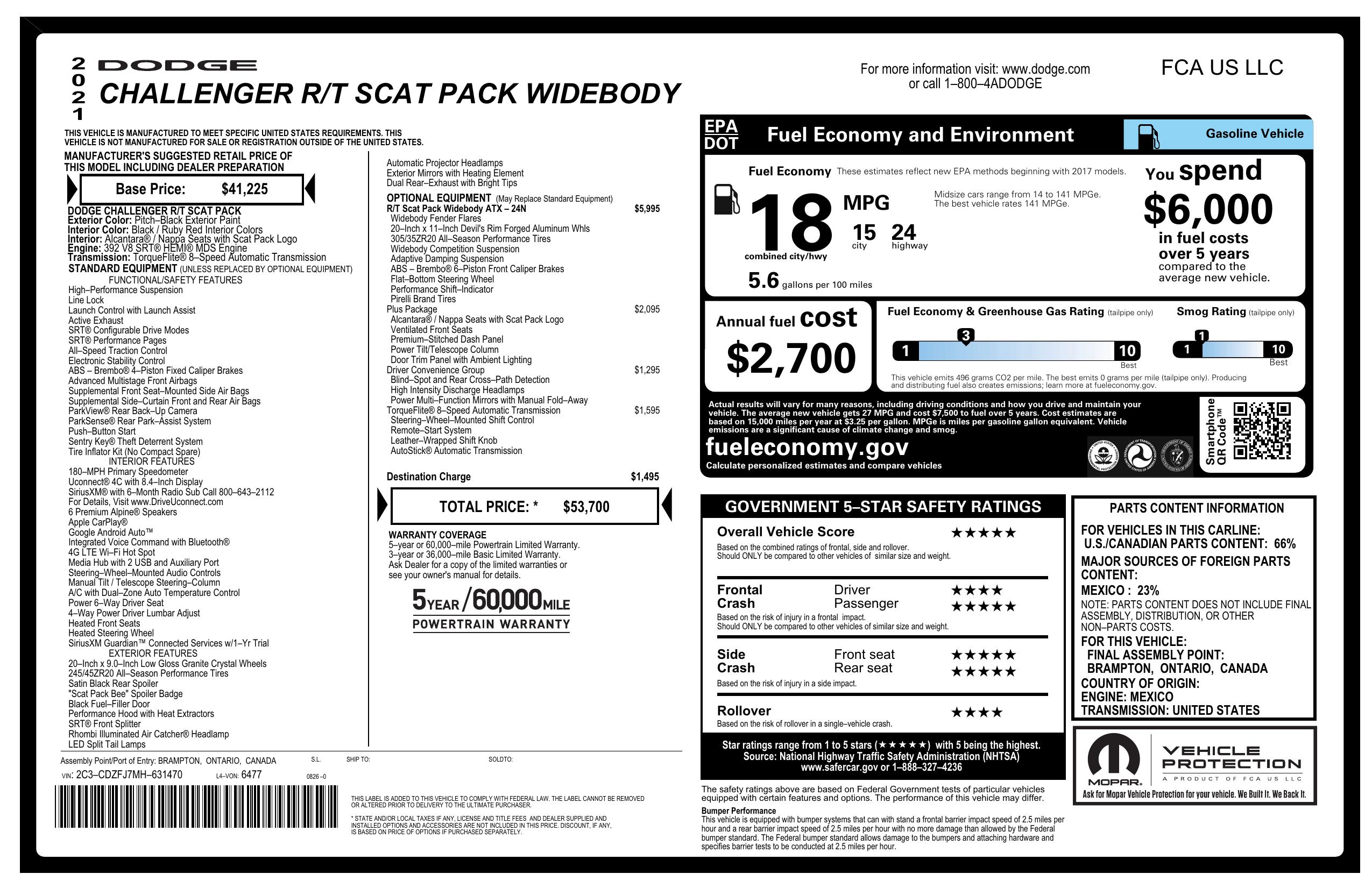 Window Sticker for 2021 Dodge Challenger R/T Scat Pack Widebody Rwd