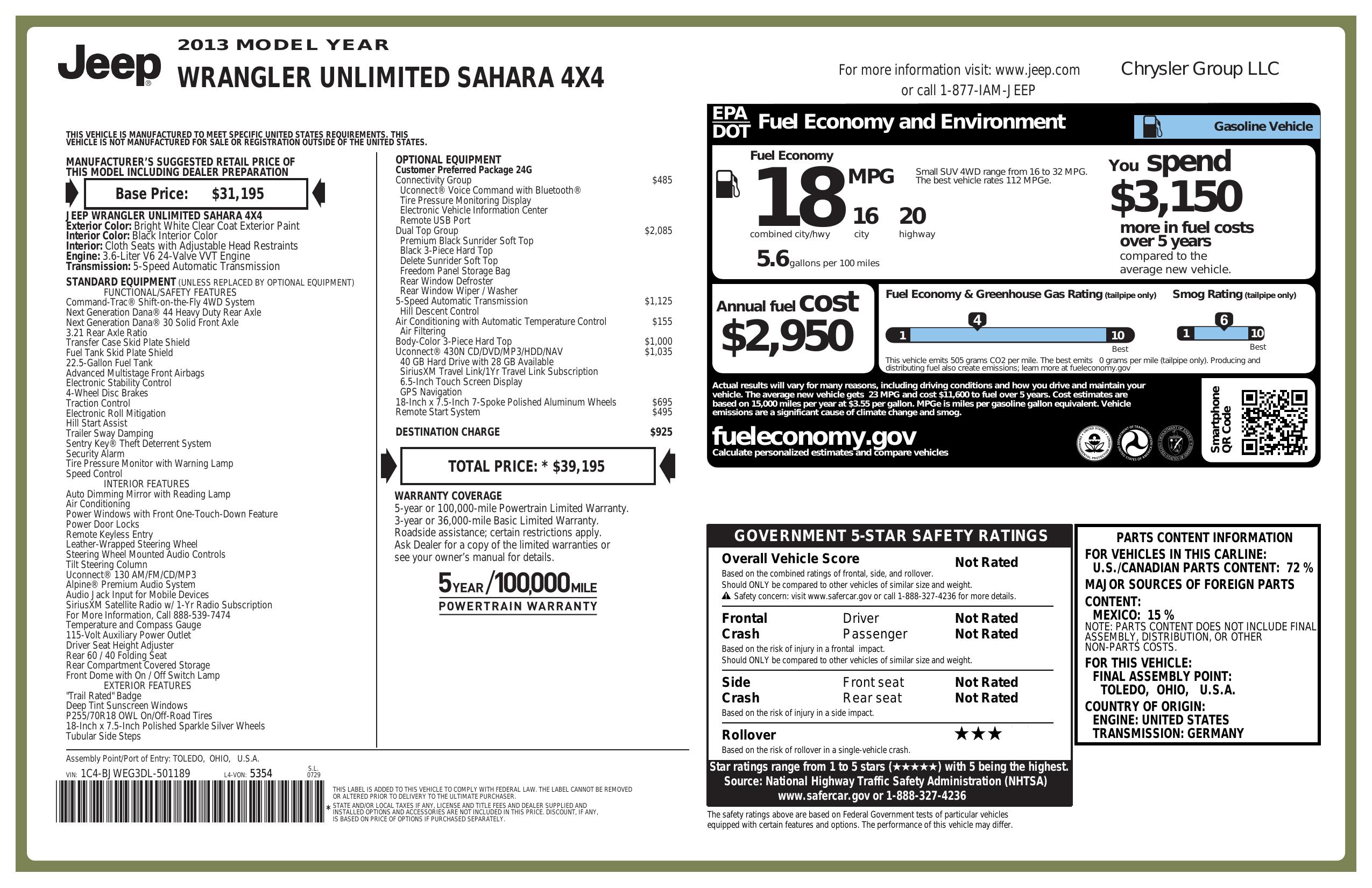 Window Sticker for 2013 Jeep Wrangler Unlimited Unlimited Sahara