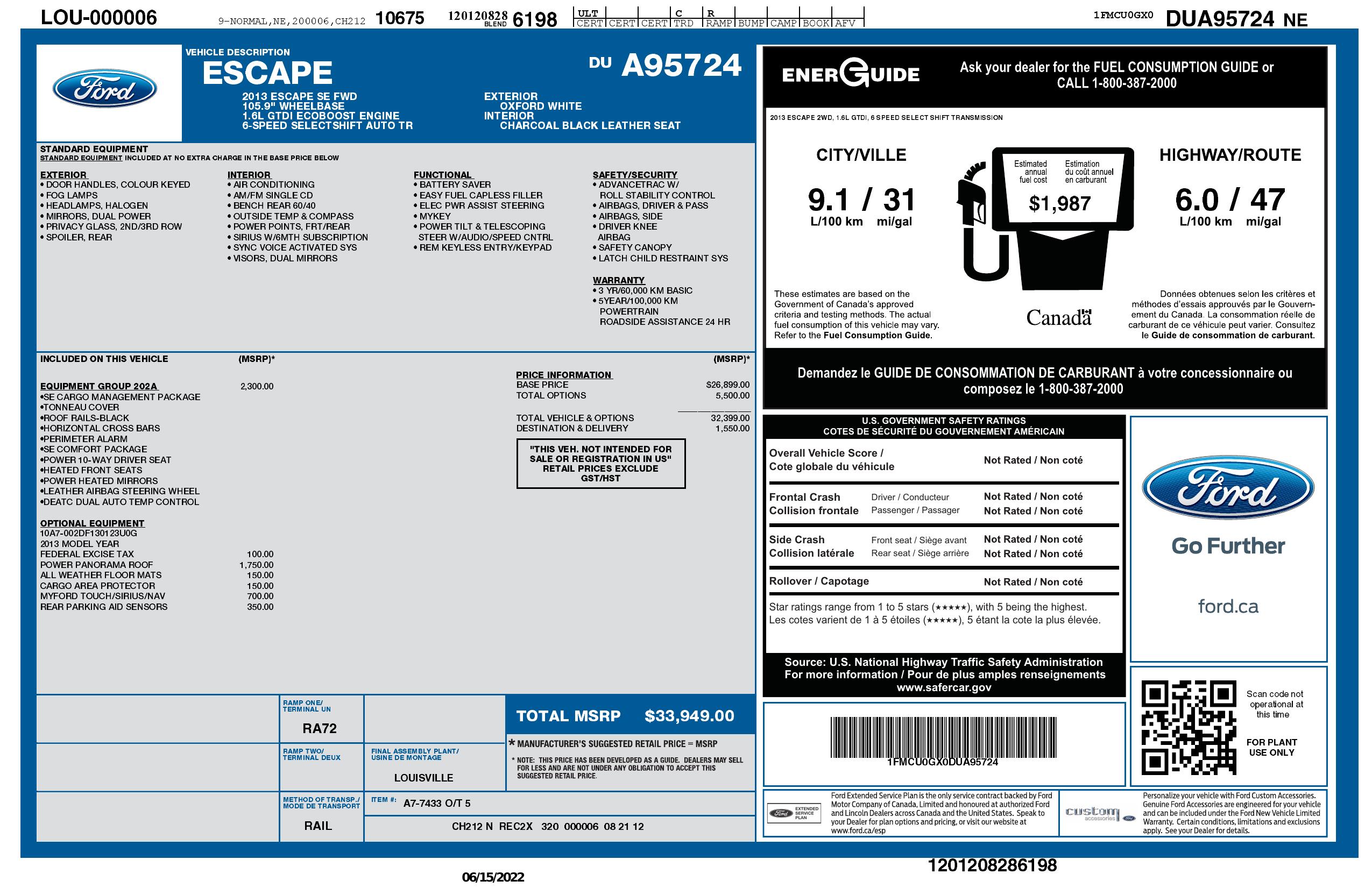 Window Sticker for 2013 Ford Escape Fwd 4dr Se