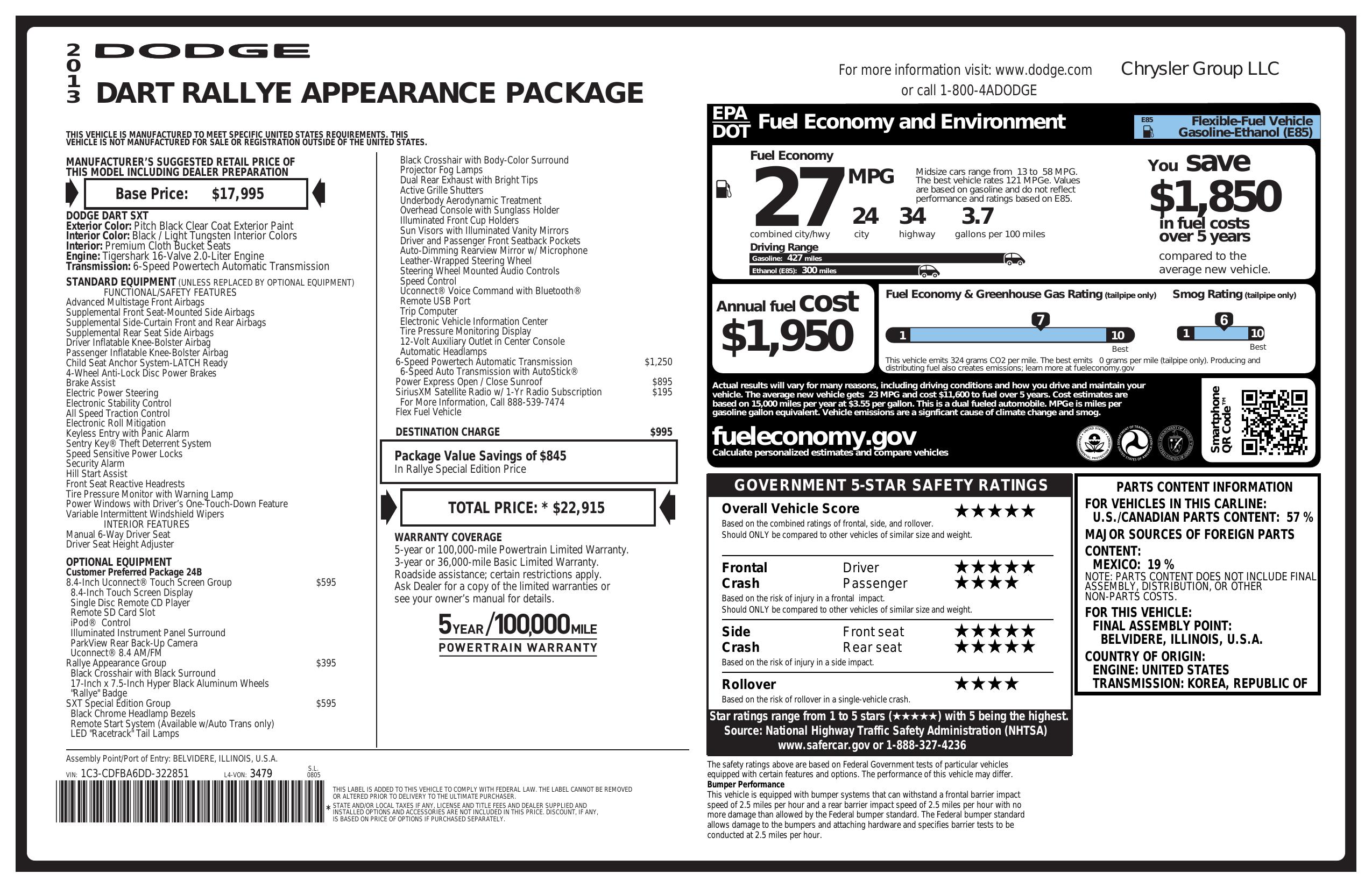 Window sticker for 2013 dodge dart 4dr sdn sxt