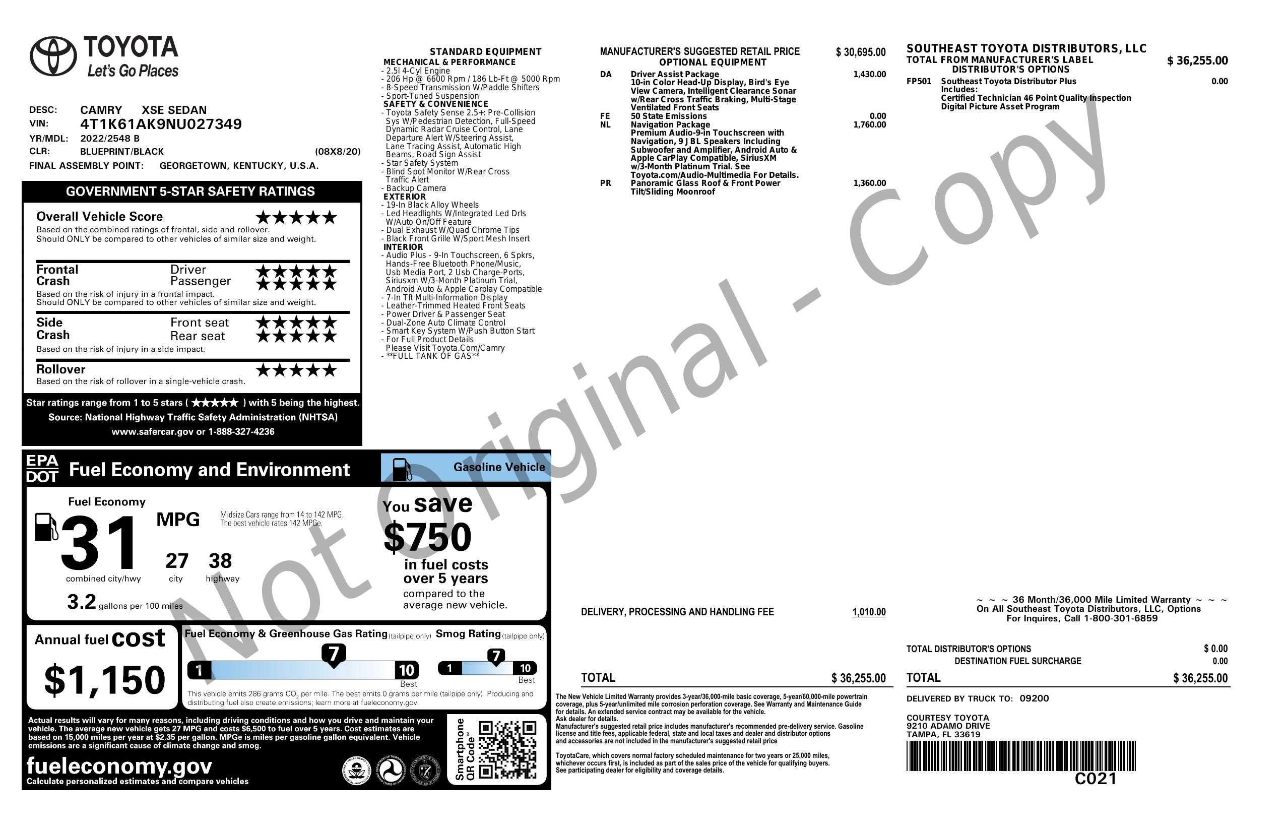 Window Sticker for 2022 Toyota Camry Xse Auto (Natl)