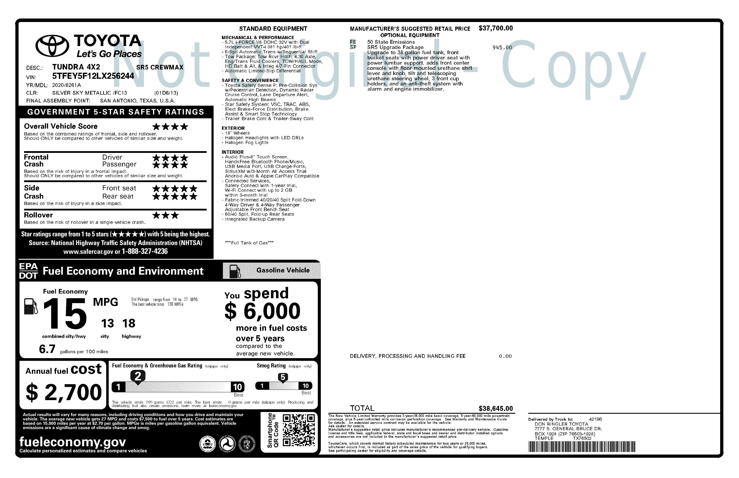 Window Sticker for 2020 Toyota Tundra 2 Wd Sr5 Crew Max 5.5' Bed 5.7 L