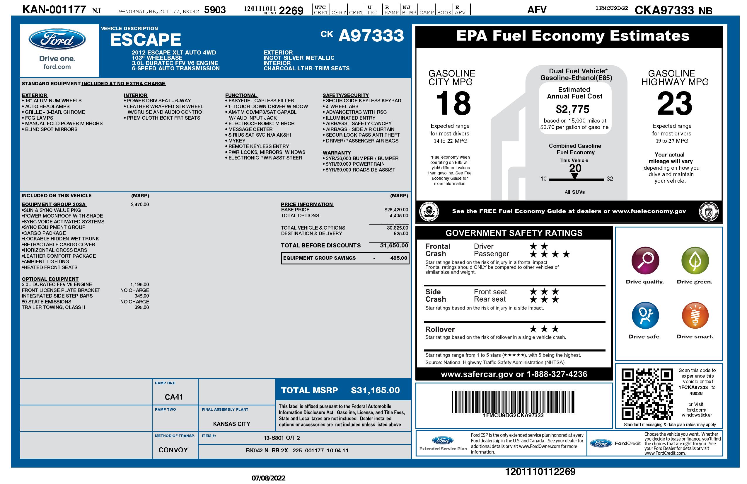 Window Sticker for 2012 Ford Escape 4 Wd 4dr Xlt