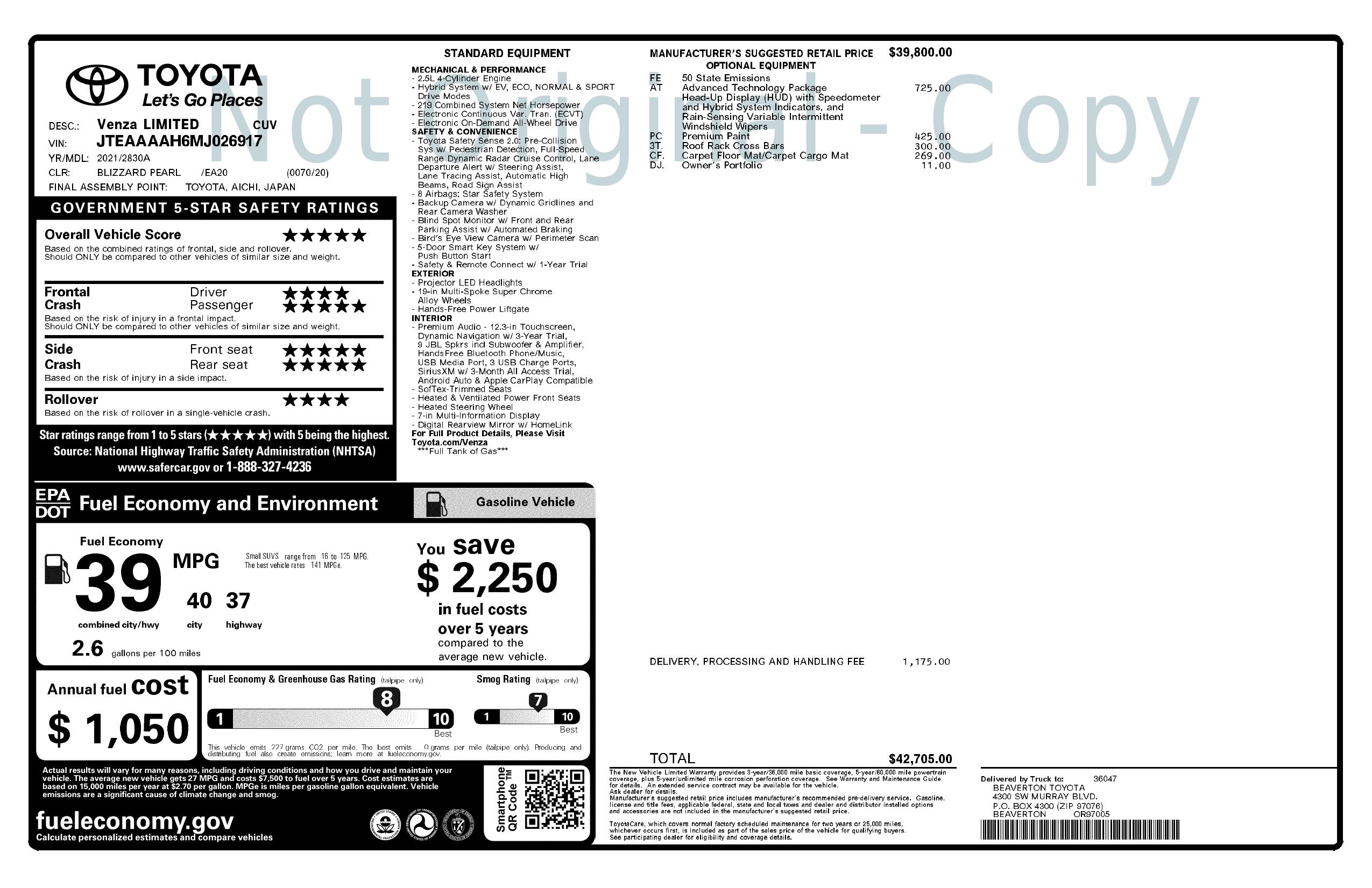 Window Sticker for 2021 Toyota Venza Awd (Natl)