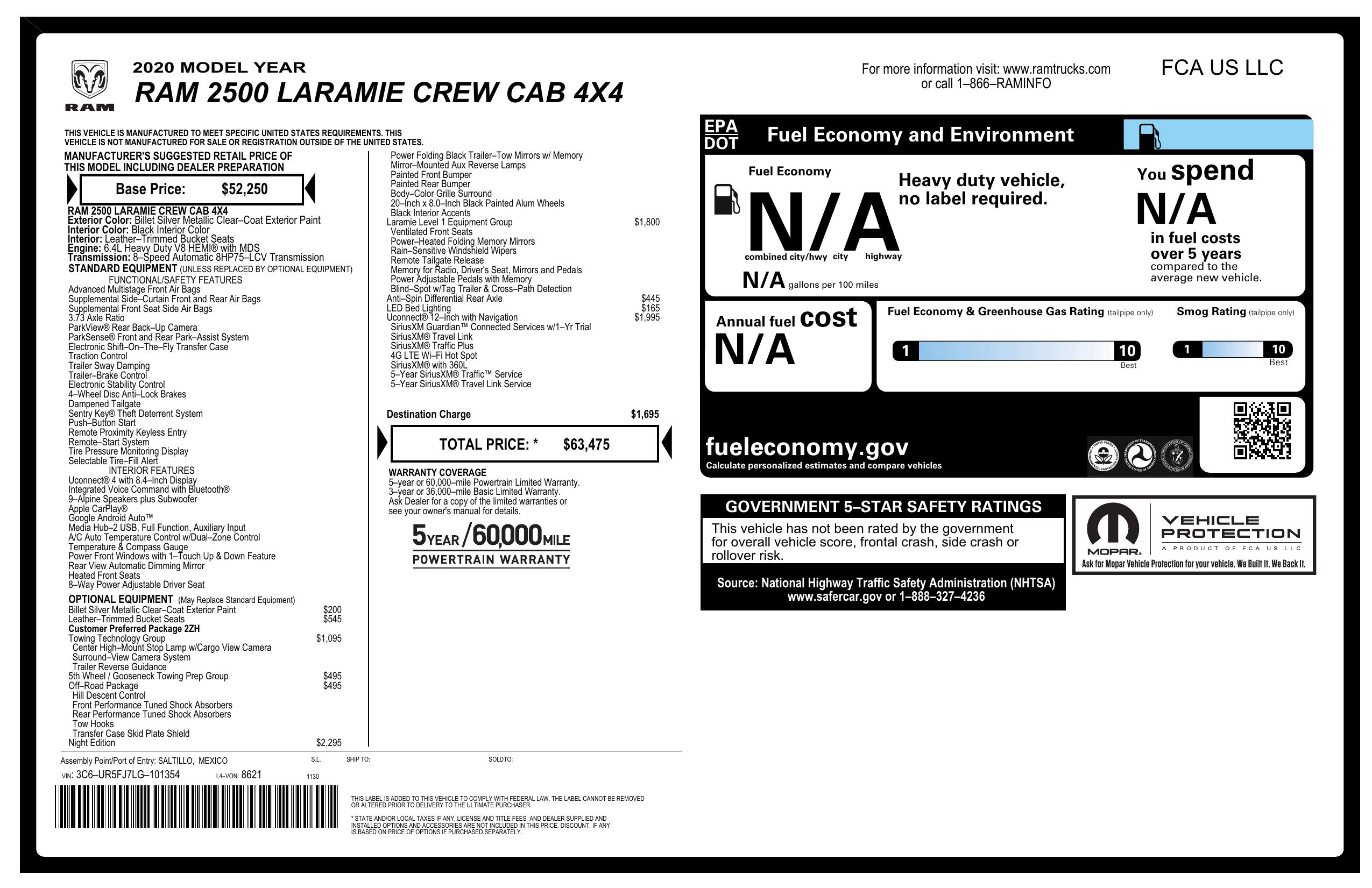 Window Sticker for 2020 Ram 2500 Laramie 4x4 Crew Cab 6