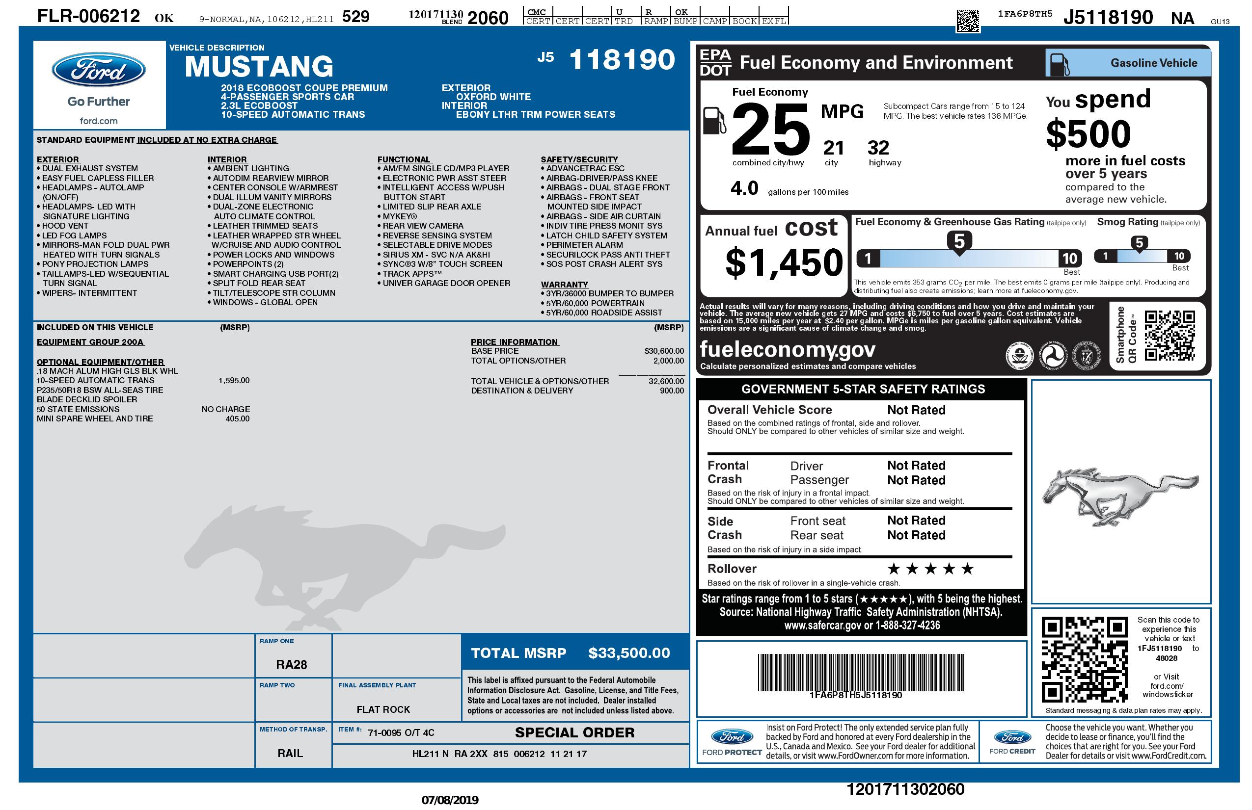 Original window sticker for 2018 FORD MUSTANG ECOBOOST PREMIUM