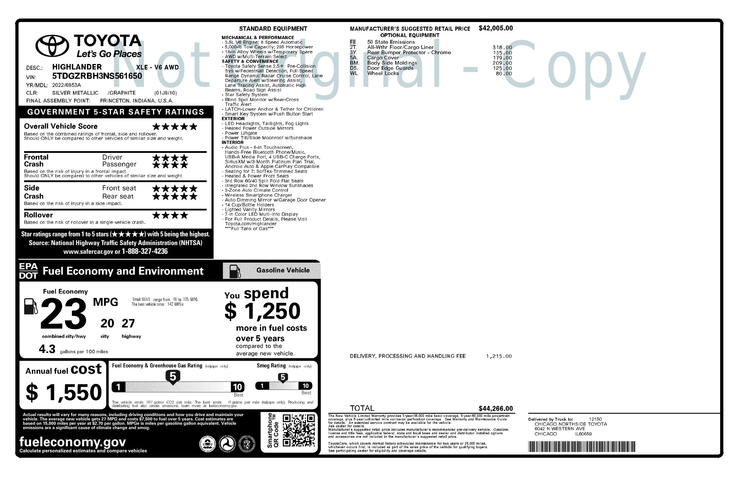 Window Sticker for 2022 Toyota Highlander Xle Awd (Natl)