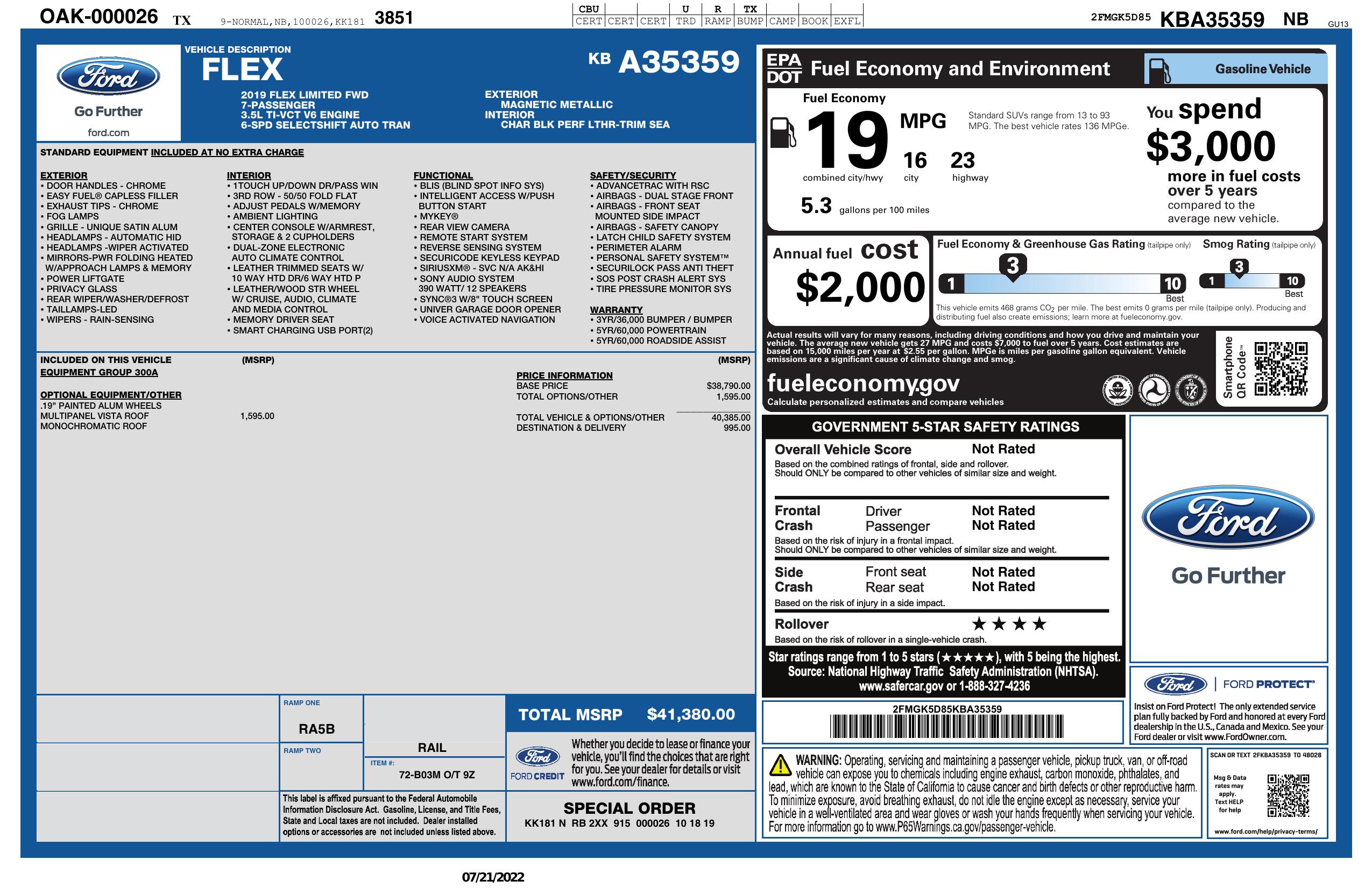 Window Sticker for 2019 Ford Flex Limited Fwd