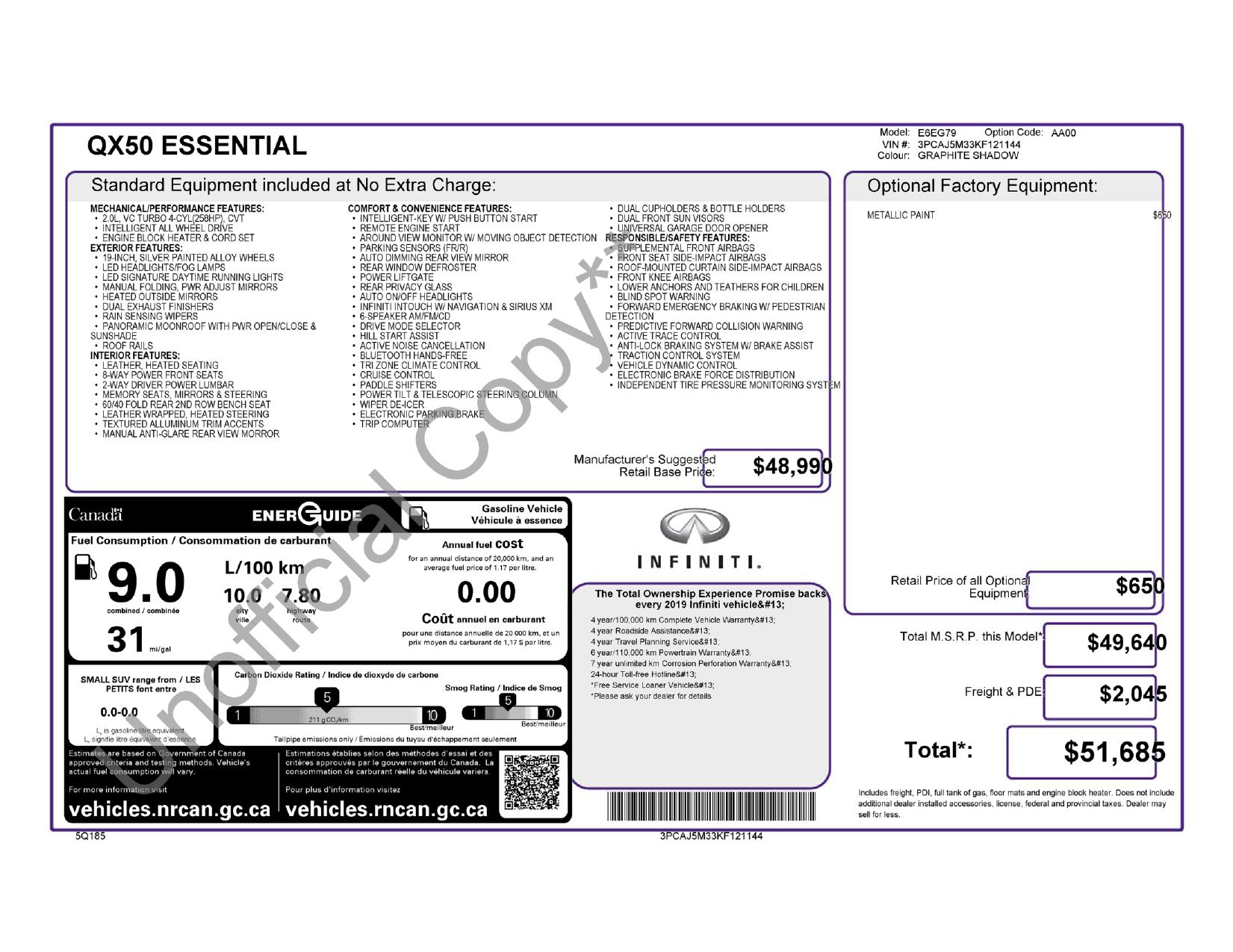 Window Sticker for 2019 Infiniti Qx50 Awd