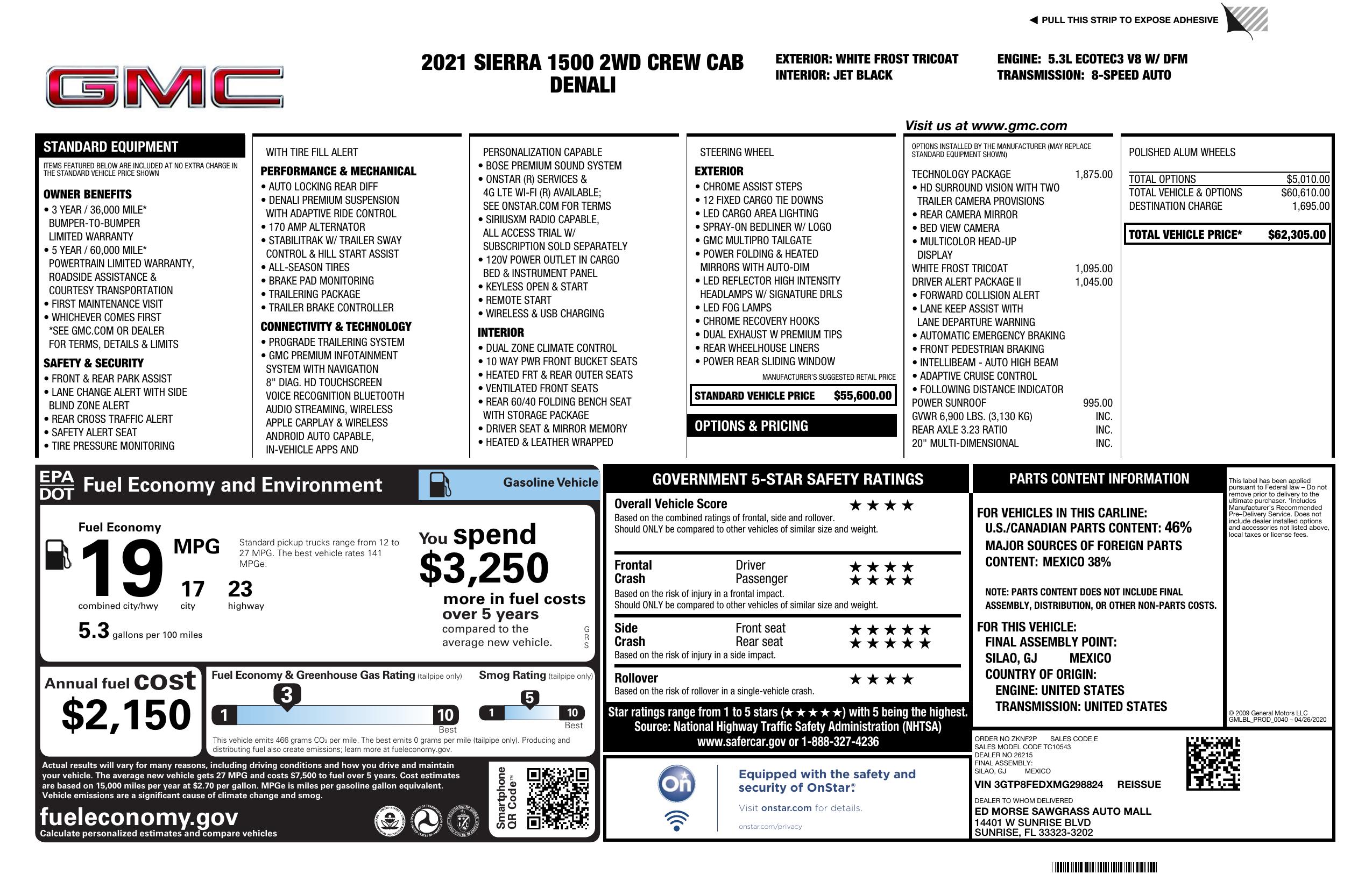 Window Sticker for 2021 GMC Sierra 1500 2 Wd Crew Cab 147" Denali