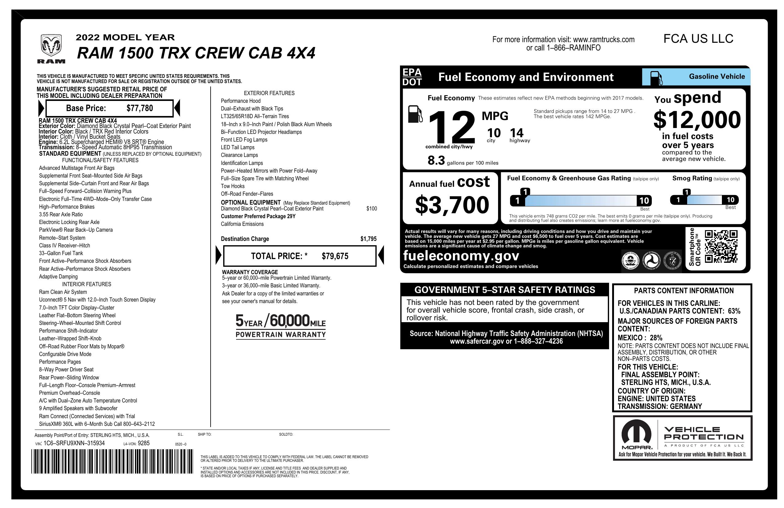 Window Sticker for 2022 Ram 1500 Trx 4x4 Crew Cab 5'7" Box