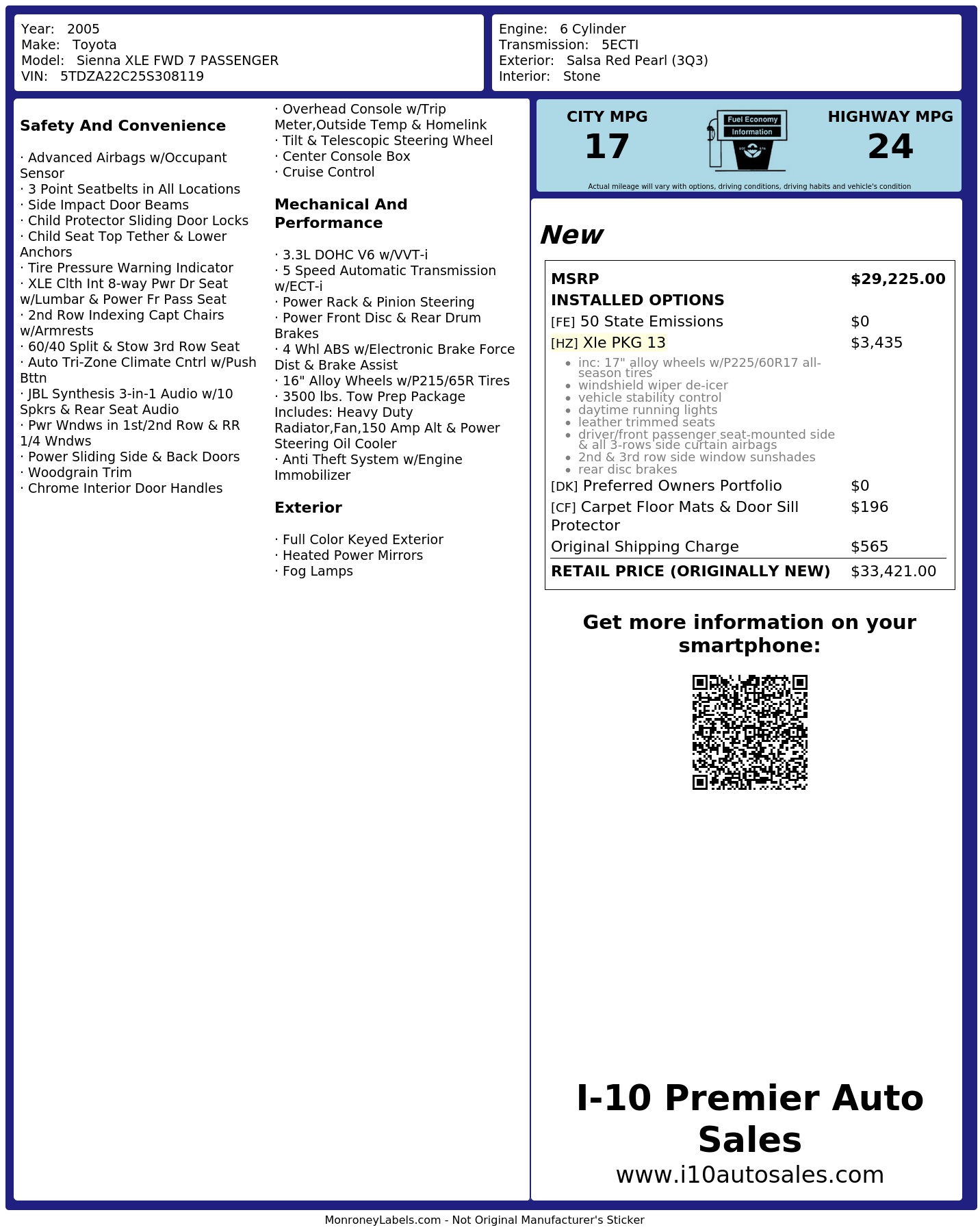 Window Sticker for 2005 Toyota Sienna Xle Fwd 7 Passenger