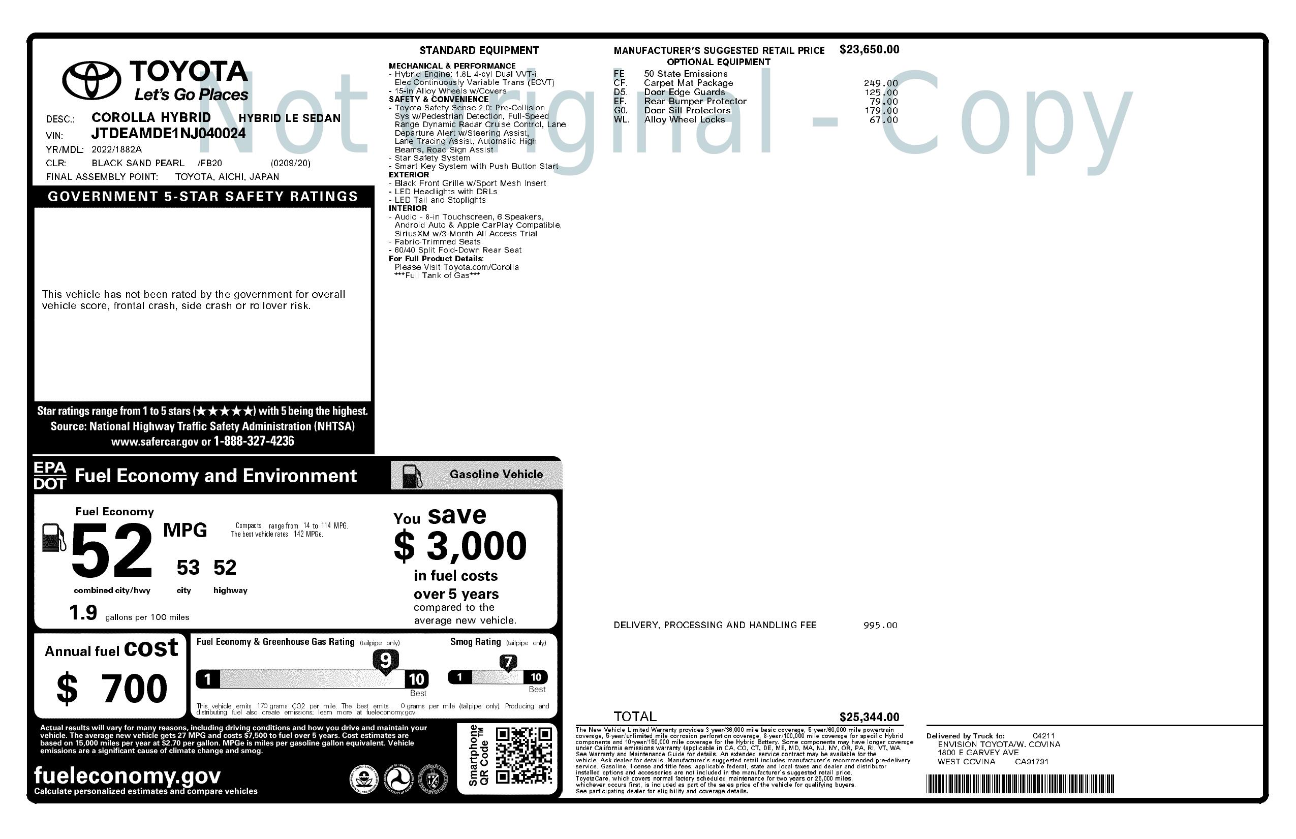 Window Sticker for 2022 Toyota Corolla Hybrid Le Cvt (Natl)