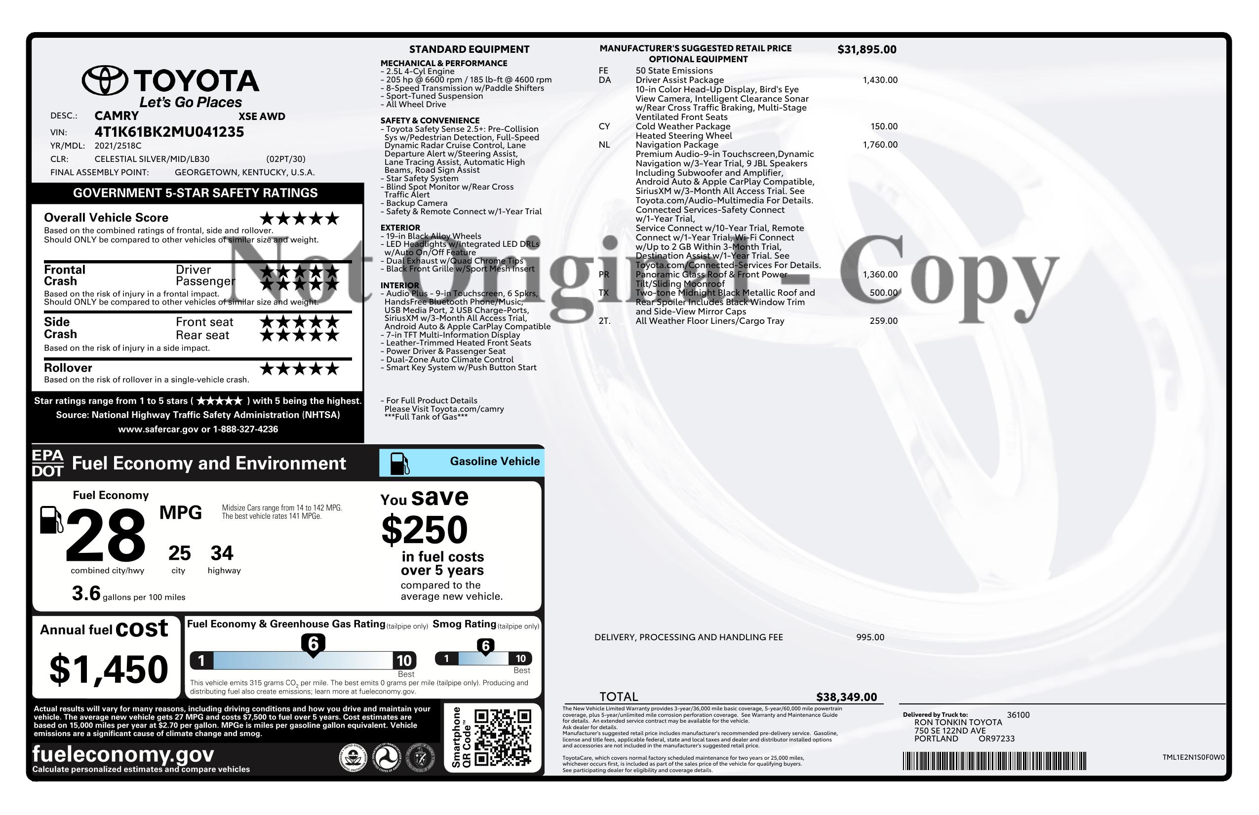 Window Sticker for 2021 Toyota Camry Xse Auto Awd (Natl)