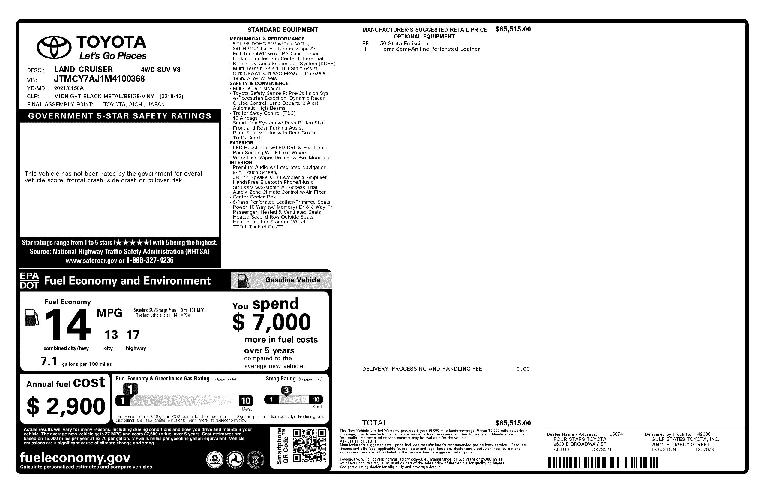Window Sticker for 2021 Toyota Land Cruiser 4 Wd (Natl)